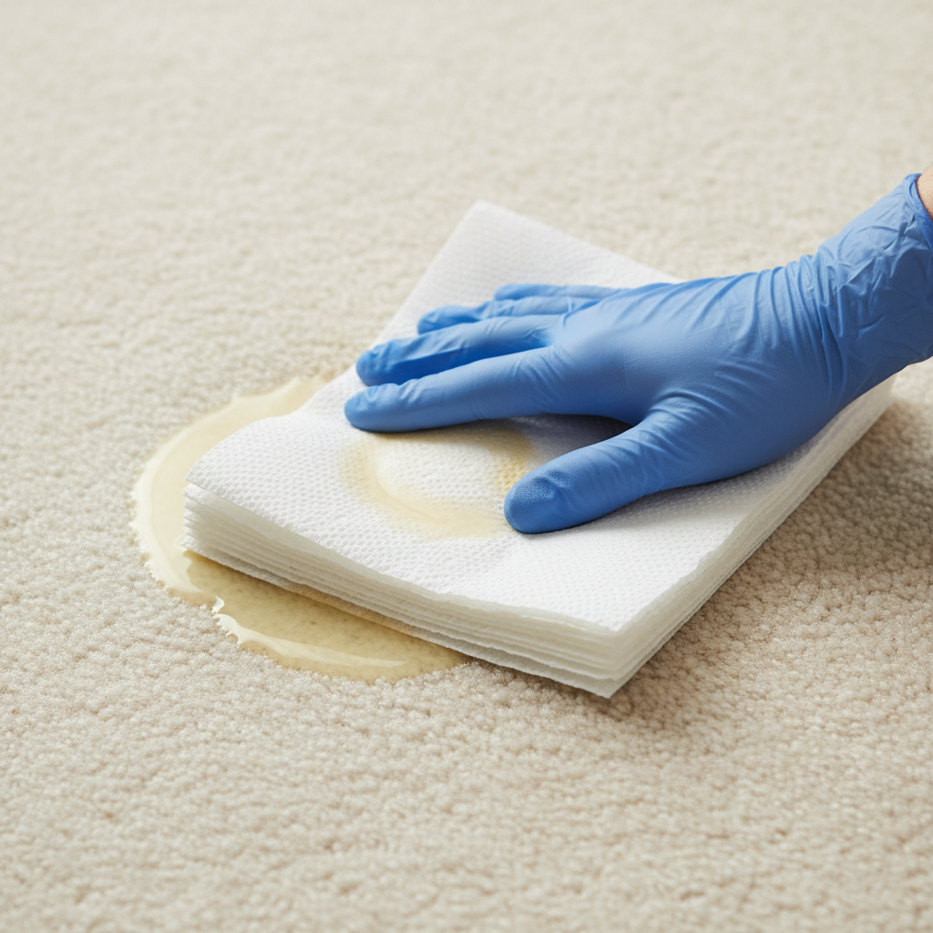 A close-up, high-angle shot of a fresh, slightly yellow urine stain on a light-colored, short-pile carpet. A clean hand, wearing a discreet blue nitrile glove, is pressing a thick stack of white paper towels firmly onto the center of the wet stain. The paper towels show a faint damp patch where they are absorbing the liquid. The surrounding carpet is pristine, creating a clear visual contrast. The image should convey urgency and effectiveness, demonstrating the first step of stain removal. Professional photo style with natural lighting and a shallow depth of field, focusing on the action.