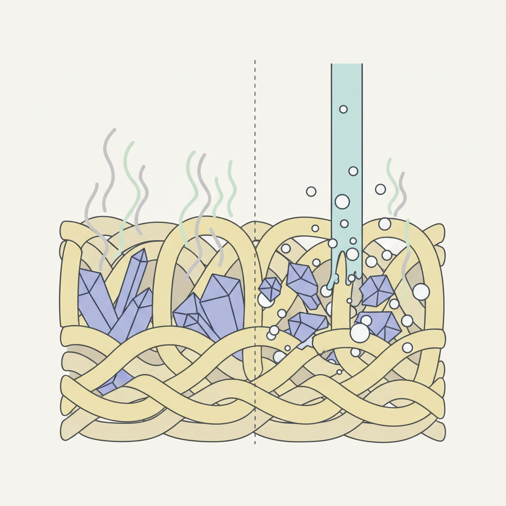 An illustrative diagram depicting the microscopic effect of cleaning agents on a fabric fiber. On one side, a cross-section of fabric fibers (e.g., carpet loops) contains embedded, crystalline structures (representing uric acid crystals), subtly emitting abstract wavy lines symbolizing odor. On the other side, the same fabric fibers are shown, but now a stylized liquid (like clear vinegar solution) is actively flowing over and dissolving these crystals, or baking soda particles are absorbing them, with the odor symbols significantly diminished or absent. Flat illustration style, using a clean, scientific aesthetic with a limited color palette (e.g., muted yellows, blues, whites, greens), focusing on conceptual clarity.