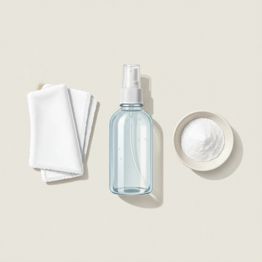 A detailed, realistic flat lay illustration showcasing the components for a powerful mattress cleaning solution. A clear spray bottle, partially filled with a translucent liquid suggesting a vinegar-water mix, is placed prominently. Next to it, a small, elegant ceramic bowl holds a pile of white powder, symbolizing baking soda. A clean, folded white microfiber cloth completes the arrangement. The items are neatly organized on a subtle, light-textured surface, conveying a sense of effective, natural household remedies.