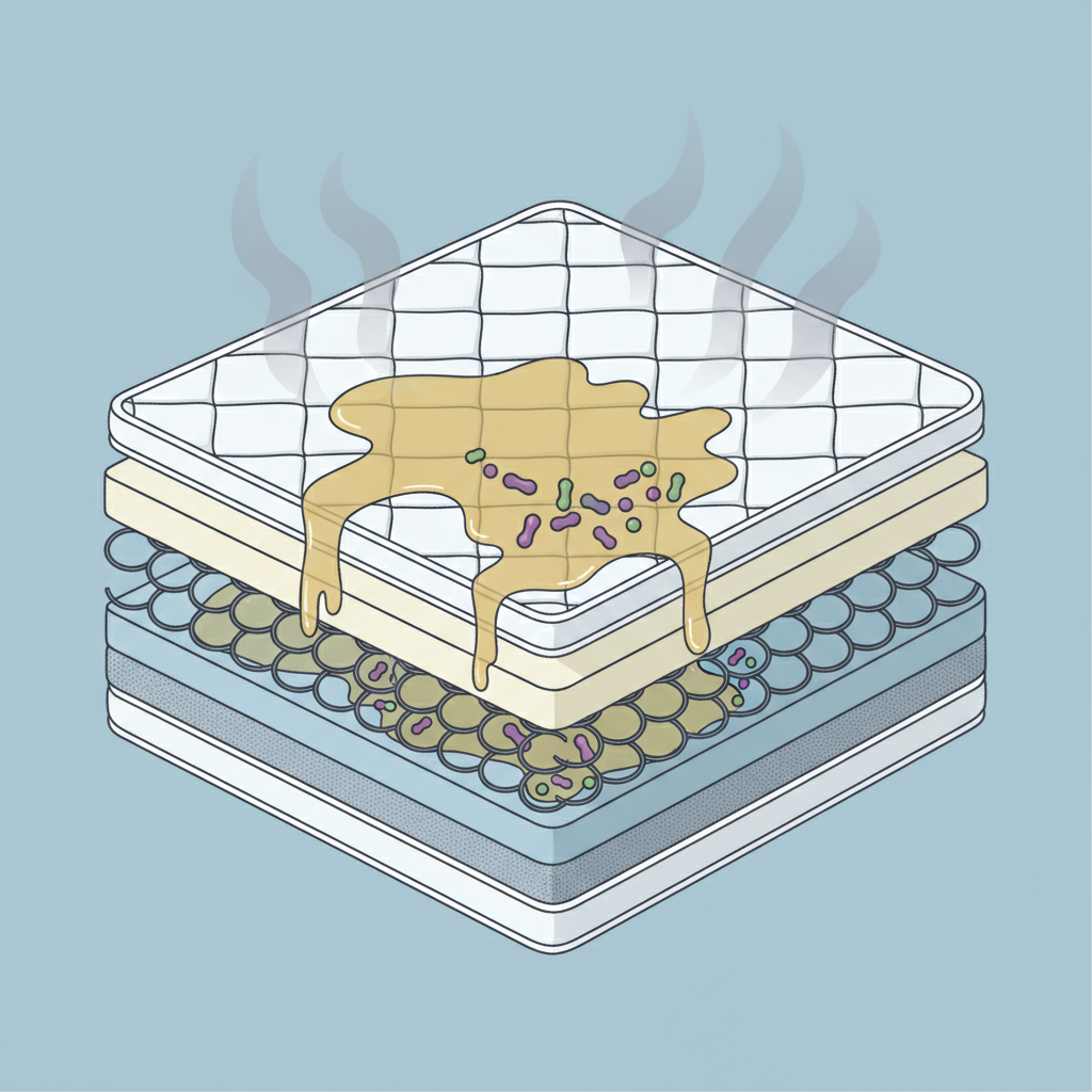 A detailed infographic-style illustration depicting a cross-section of a mattress. Visible are several layers of mattress material. On the top surface, a puddle of urine is shown, with droplets visibly penetrating deep into the mattress fibers. Within the penetrating liquid, small, simplified bacterial forms are clustered, and subtle, wavy gray lines or cloud shapes emanate upwards from the affected area, symbolizing the unpleasant odor. The overall aesthetic should be clean, informative, and visually explain the process of odor generation, with a focus on penetration and microbial activity.