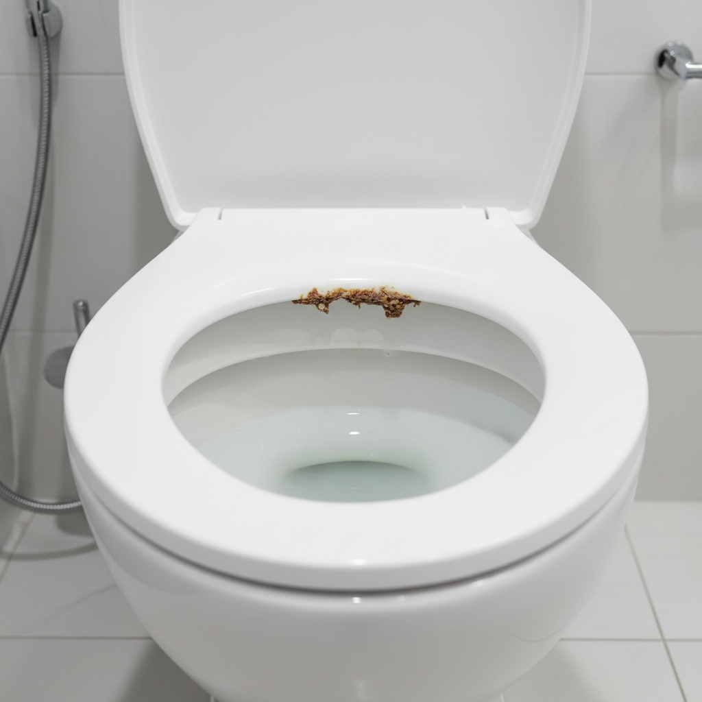 A close-up, slightly elevated professional photo looking down into a pristine white toilet bowl, focusing specifically on the inner rim where water typically flushes. Clearly visible along this rim are significant, unsightly yellowish-brown and reddish-brown deposits of urinal scale, forming crusts and discoloration against the white porcelain. The water in the bowl below is clear, highlighting the contrast with the dirty rim. The overall impression should be a clean bathroom setting, emphasizing the isolated problem of the scale.