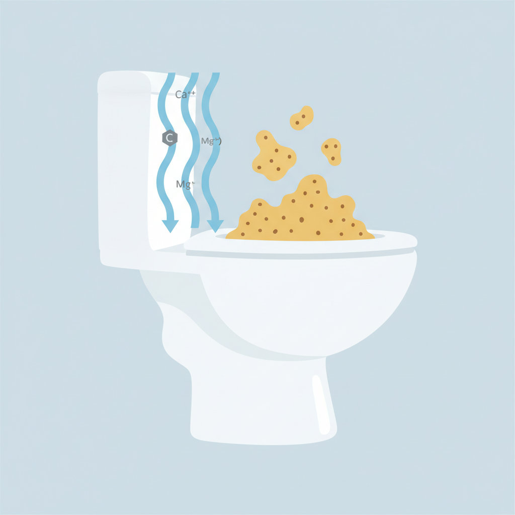 A clean flat illustration with a slightly scientific, diagrammatic aesthetic depicting the formation of urinal scale. On one side, stylized flowing hard water, represented by subtle blue waves and tiny mineral symbols (e.g., small grey calcium and magnesium icons), descends towards a white ceramic toilet surface. From the other side, abstract yellow-tinted organic shapes representing urine components interact with these minerals on the surface. Where they meet and accumulate, a distinct layer of solidified, yellowish-brown scale forms, gradually thickening over time.