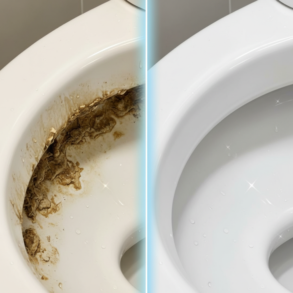 A visually striking 'before and after' comparison within a single image. The left side depicts a close-up, interior view of a toilet bowl's ceramic rim, heavily encrusted with thick, yellowish-brown mineral deposits (Urinstein). The deposits appear tough and unhygienic, clinging to the surface. The right side of the image shows the same toilet rim area, now sparkling pristine white, perfectly clean, with subtle reflections of light, suggesting freshness and hygiene. A subtle visual barrier or gradient separates the two states, emphasizing the dramatic transformation. High-contrast, realistic digital painting with a clean, modern aesthetic.