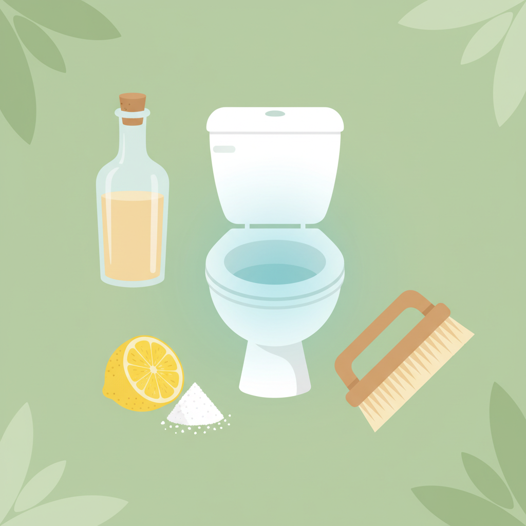 A minimalist, infographic-style illustration showcasing effective natural cleaning agents. The central element is a simplified, stylized outline of a clean, white toilet bowl. Arranged around it are visual representations of common household remedies: a clear bottle containing a transparent liquid (symbolizing vinegar), and a halved lemon beside a small pile of crystalline white powder (symbolizing citric acid). A generic, light-colored scrubbing brush is also subtly present. The overall impression should be clean, natural, and effective, highlighting the power of these simple solutions. Flat vector illustration with a bright, approachable color palette.