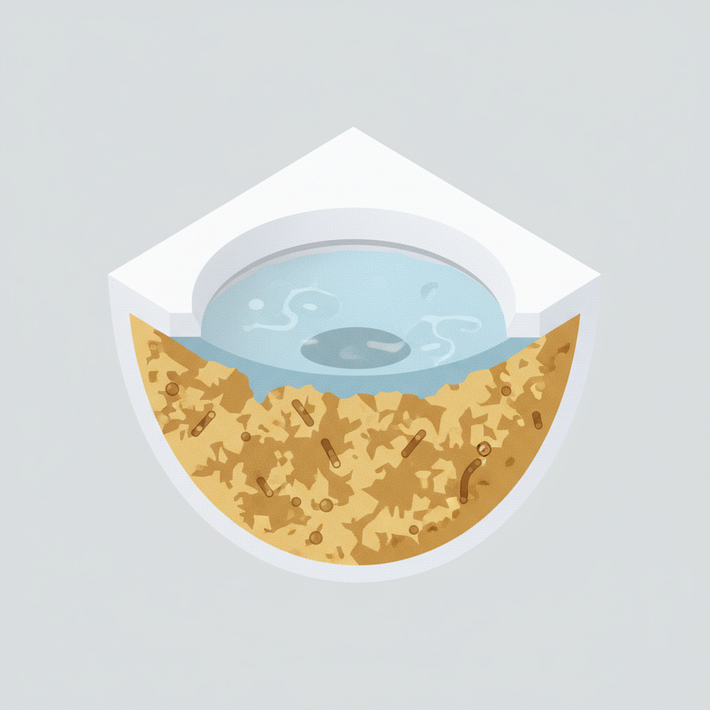 A close-up, cutaway view of a toilet bowl, focusing on the water line and the area below it. Visible yellowish-brown, rough calcified deposits (Urinstein) cling to the ceramic surface. A stylized, subtle microscopic overlay or a few small, simplified bacteria icons are subtly integrated into the rough texture of the urinstein, hinting at the hygiene issue. The water in the bowl is slightly murky around the deposits, contrasting with the clean white ceramic elsewhere. The overall aesthetic should be a clear, modern isometric illustration with a slight texture, making the problem evident without being overly repulsive.