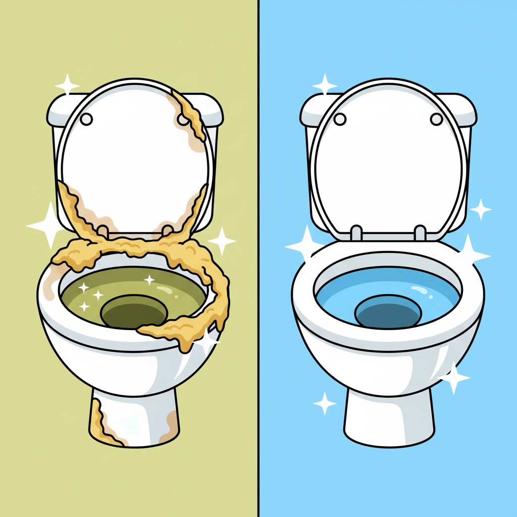A split-screen or 'before and after' flat illustration. On the left side, a toilet bowl is depicted with significant yellowish-brown Urinstein deposits accumulating under the rim and at the water level, looking dull and unhygienic. On the right side, the exact same toilet bowl is shown sparkling clean, gleaming white, with no visible deposits, reflecting light. A subtle visual element like a 'sparkle' icon emanates from the clean side. The overall style should be a crisp, clean flat illustration with a slightly cartoonish, inviting feel, emphasizing the transformation from dirty to pristine.
