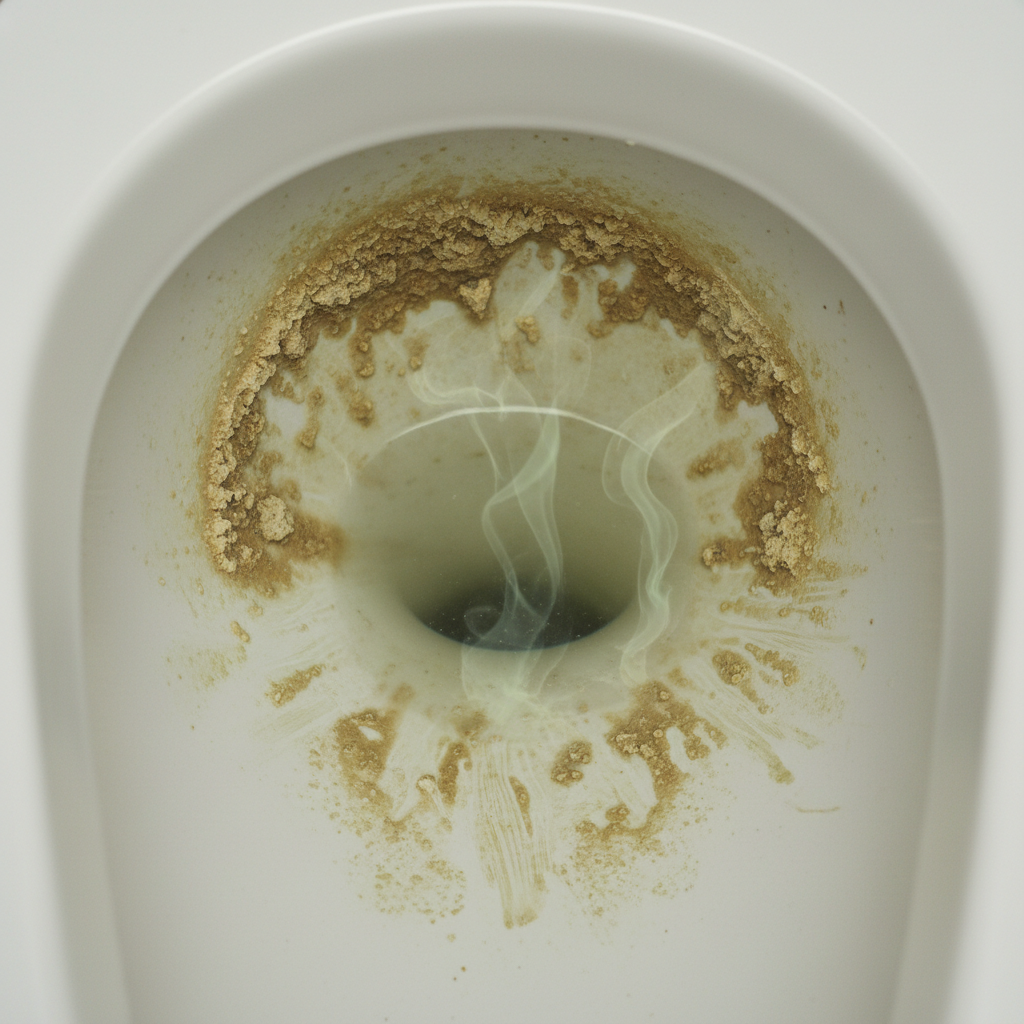 A detailed close-up shot of the interior of a white ceramic toilet bowl, specifically focusing on the water line and below. Visible, unsightly yellowish-brown mineral deposits (Urinstein) are encrusted along the ceramic surface. The water in the bowl appears slightly murky, and a subtle, almost invisible, faint green vapor or wavy lines rise gently from the deposits, abstractly representing unpleasant odors. The overall impression is one of neglect and unhygienic conditions. The style should be a realistic, high-quality professional photo with slightly desaturated colors to emphasize the grime.