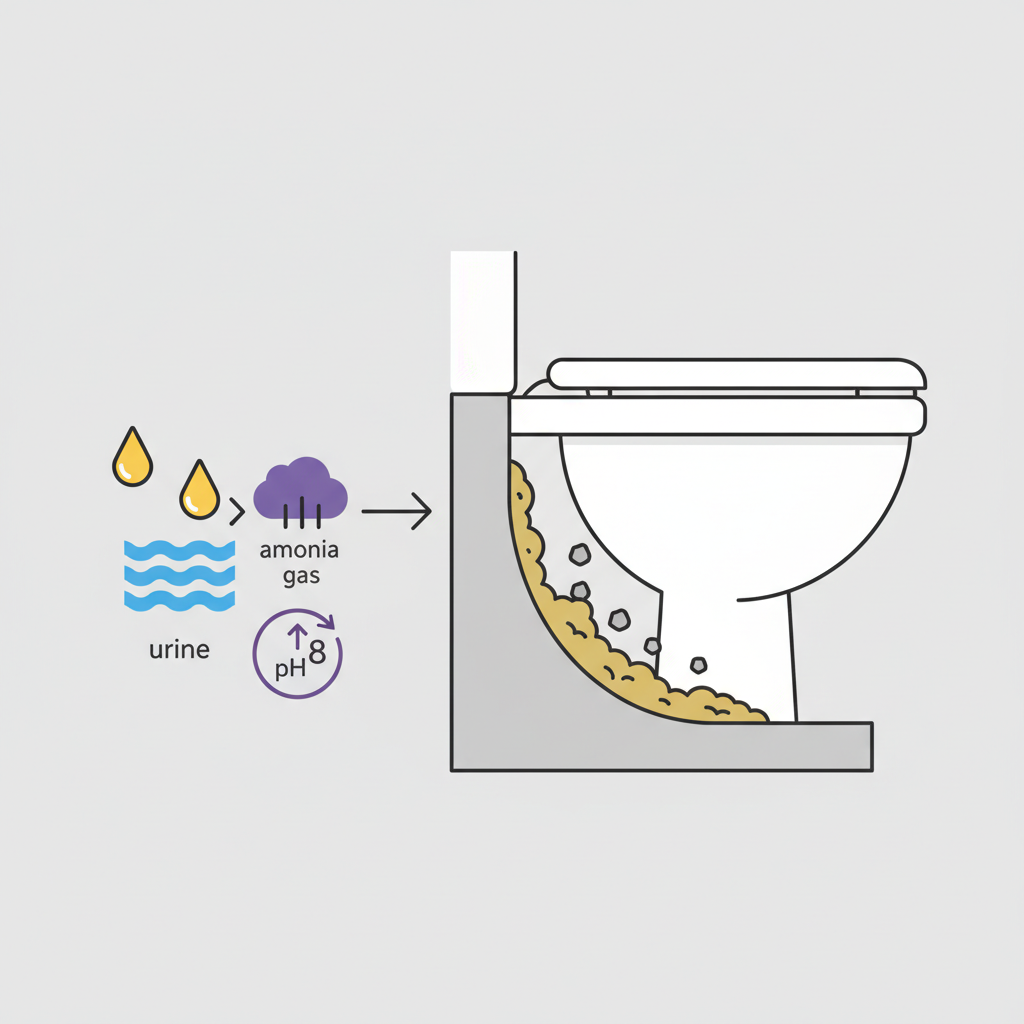 A clean, minimalist infographic-style illustration depicting the chemical process of Urinstein formation within a stylized cross-section of a toilet bowl at the water line. On one side, abstract representations of 'urine' (e.g., small yellow droplets) and 'water' (blue waves) interact. Arrows lead to a cloud of 'ammonia' (purple gas icon) and a pH indicator showing a rising value. Subsequently, small calcium and magnesium mineral icons (grey rock-like shapes) are shown precipitating and adhering to the ceramic surface, forming layered yellowish-brown deposits. The style should be flat, modern, and clean, using clear lines and a limited color palette.