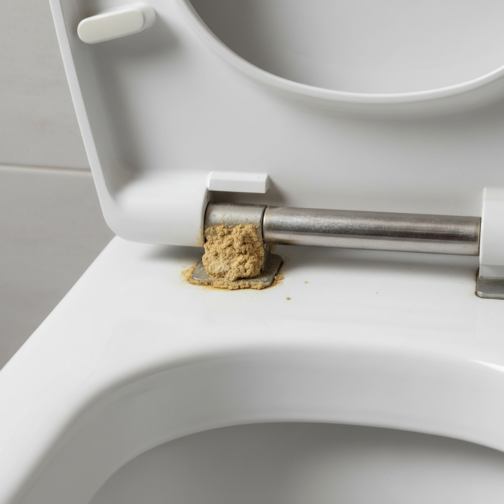 A close-up, high-detail professional photo showcasing the underside rim of a white toilet seat. The focus is on a significant accumulation of hard, yellowish-brown mineral deposits, representing Urinstein, particularly around a hinge or a crevice where the seat meets the toilet bowl. The surrounding plastic of the toilet seat should appear otherwise clean, highlighting the stark contrast with the unsightly scale. Bright, direct lighting emphasizes the texture and density of the deposits, making the problem clearly visible and tangible for the viewer.