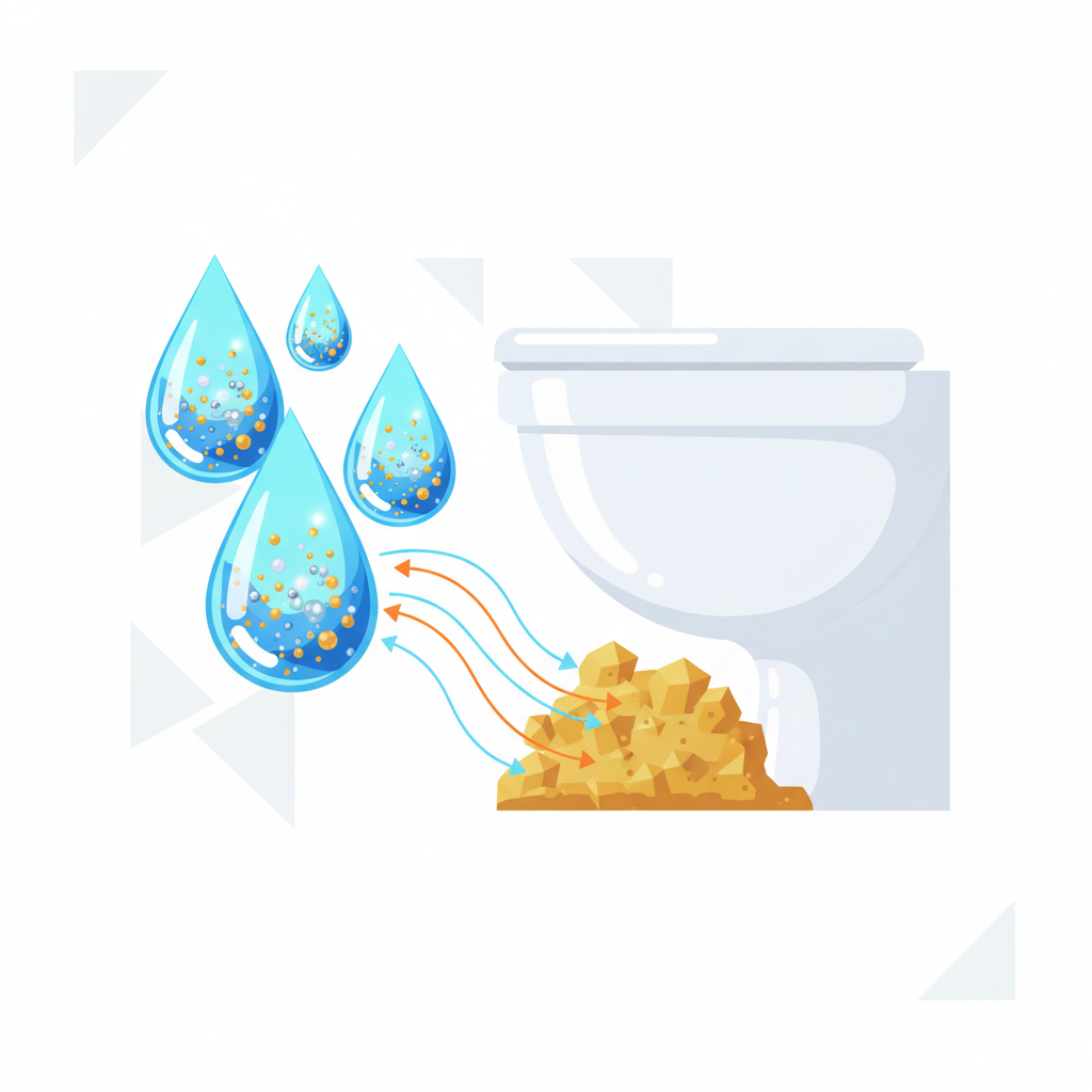 A vibrant, clean infographic-style illustration depicting the conceptual formation of Urinstein. On one side, stylized water droplets are shown containing tiny, shimmering mineral particles (like calcium and magnesium). These droplets are shown interacting with a simplified, abstract representation of a toilet surface. As they interact, the mineral particles begin to coalesce and harden into a rough, yellowish-brown crystalline layer directly on the surface, visually representing the scale accumulation over time. Subtle arrows or flow lines can indicate the process of oxidation and deposit build-up, using a bright, accessible color palette.