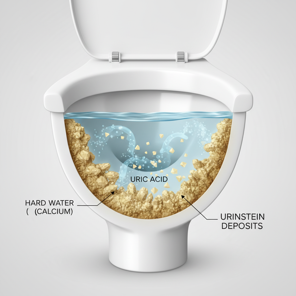 A detailed 3D cutaway illustration of a toilet bowl, showcasing the interior around the water line. On the ceramic surface just below the water, distinct yellowish-brown, rough, crystalline deposits of 'urinstein' are clearly visible. Above the water line, the ceramic should appear pristine white. The image should subtly incorporate abstract elements representing the chemical interaction: small, swirling representations of hard water minerals (calcium) and uric acid particles interacting and adhering to the bowl's surface, forming the deposits. The style should be clean, modern, and infographic-like, making the problem visually clear and understandable.