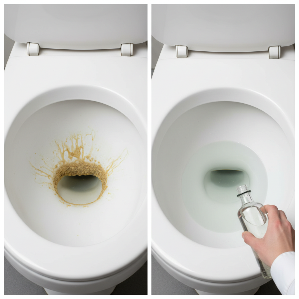 A split-screen, 'before and after' style image focusing on the interior of a toilet bowl. The 'before' side clearly depicts a toilet bowl with significant, unsightly yellowish-brown urinstein deposits encrusting the ceramic, particularly below the water line and around the rim. The 'after' side shows the exact same toilet bowl, now sparklingly clean, pristine white, and completely free of any stains or deposits. A hand, holding a generic, clear bottle of vinegar (without labels) or a cleaning brush, is subtly visible on the 'after' side, suggesting the cleaning process. This should be a high-quality, professional photograph with bright, clean lighting.