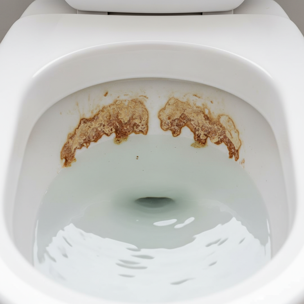 A professional, clean-angled photo or realistic digital illustration showcasing the interior of a white ceramic toilet bowl. The focus is on the waterline and just below the rim, where visible, hard, yellowish-brown, and slightly reddish Urinstein deposits are clearly encrusted onto the pristine white surface. The texture of the scale should appear rough and distinct from the smooth ceramic, highlighting the problem area. A subtle ripple or reflection can indicate the presence of water in the bowl, emphasizing the environment where the deposits form. The overall impression should be of a common household problem that needs addressing.