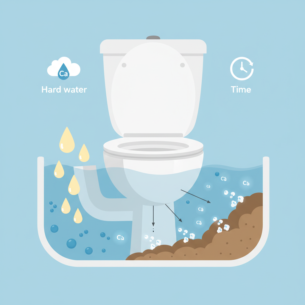 A clear, educational flat illustration or infographic-style visual depicting the simplified formation of Urinstein within a toilet. The image should feature a stylized cross-section of a toilet bowl. Abstract representations of urine droplets, water molecules, and calcium mineral ions should be shown interacting and aggregating to form solid, layered, brown deposits on the ceramic surface. Small, clear icons can subtly represent contributing factors such like 'hard water' (a simple cloud with water drop and a 'Ca' symbol) or 'time' (a clock icon). The process should look like a gradual build-up, illustrating the chemical reaction.