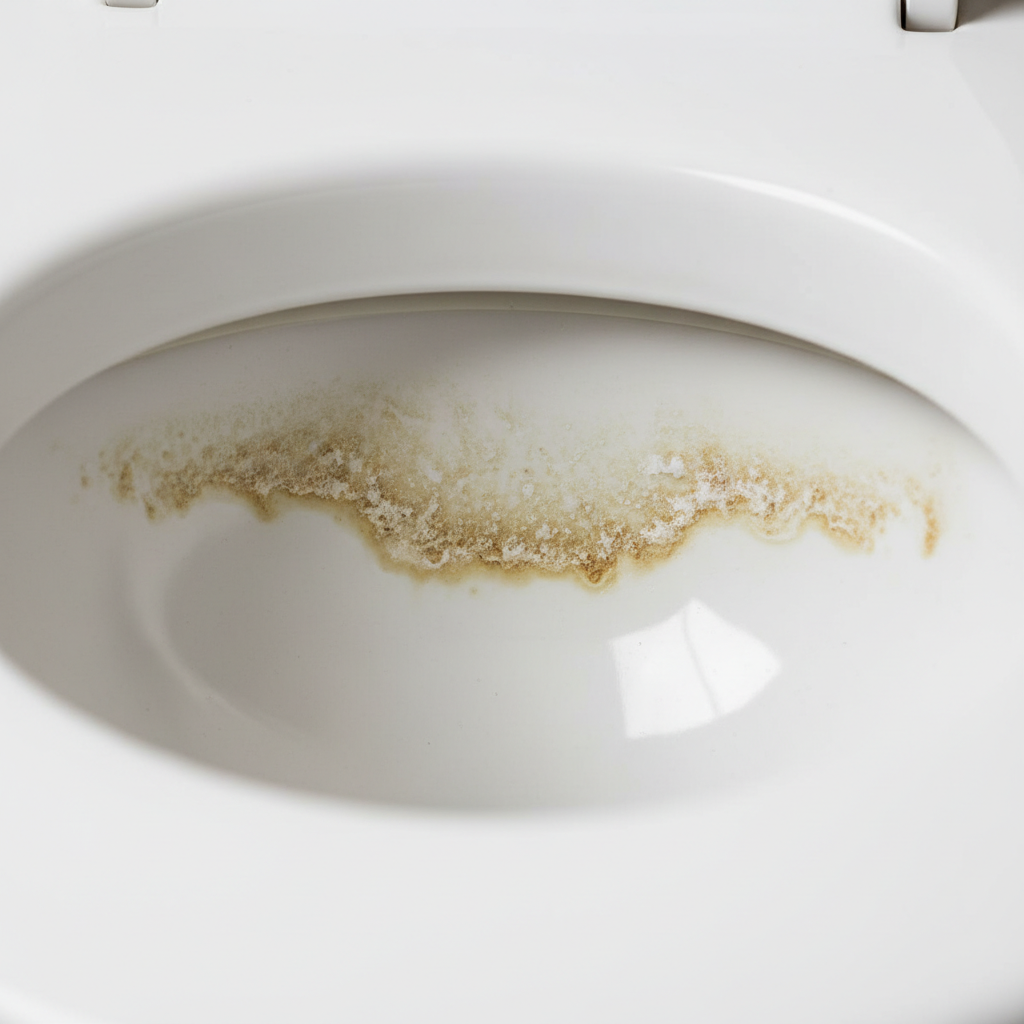A detailed, eye-level close-up of the interior of a pristine white ceramic toilet bowl, marred by distinct, hard, yellowish-brown mineral and urine scale deposits. The crusty accumulations are visible along the waterline and subtly extending beneath the inner rim, contrasting sharply with the clean, reflective ceramic. The image conveys a sense of stubborn grime that requires significant effort to remove, highlighting the common household problem described in the article. Professional, high-resolution photo with clear focus and natural lighting.