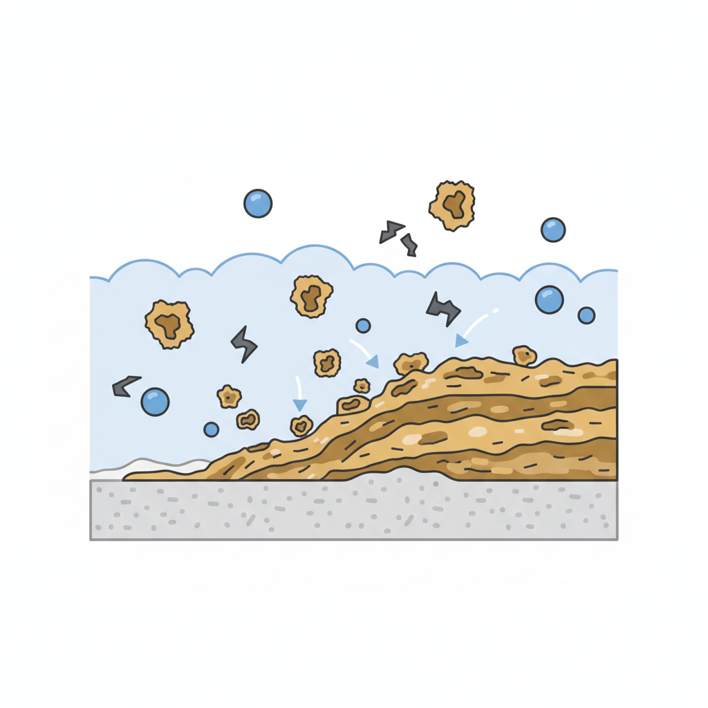 A stylized, infographic-style illustration depicting a microscopic view of the formation of urine scale on a ceramic surface. Show water molecules (represented by simple blue shapes) interacting with calcium/magnesium ions (small, jagged grey shapes) and uric acid particles (slightly yellow, irregular shapes). These elements are shown in the process of binding together and forming a layered, brownish-yellow crust on a light grey ceramic background. The illustration should visually explain the concept of mineral and organic buildup, emphasizing the chemical reaction without being overly complex. Clean lines, educational yet visually engaging.