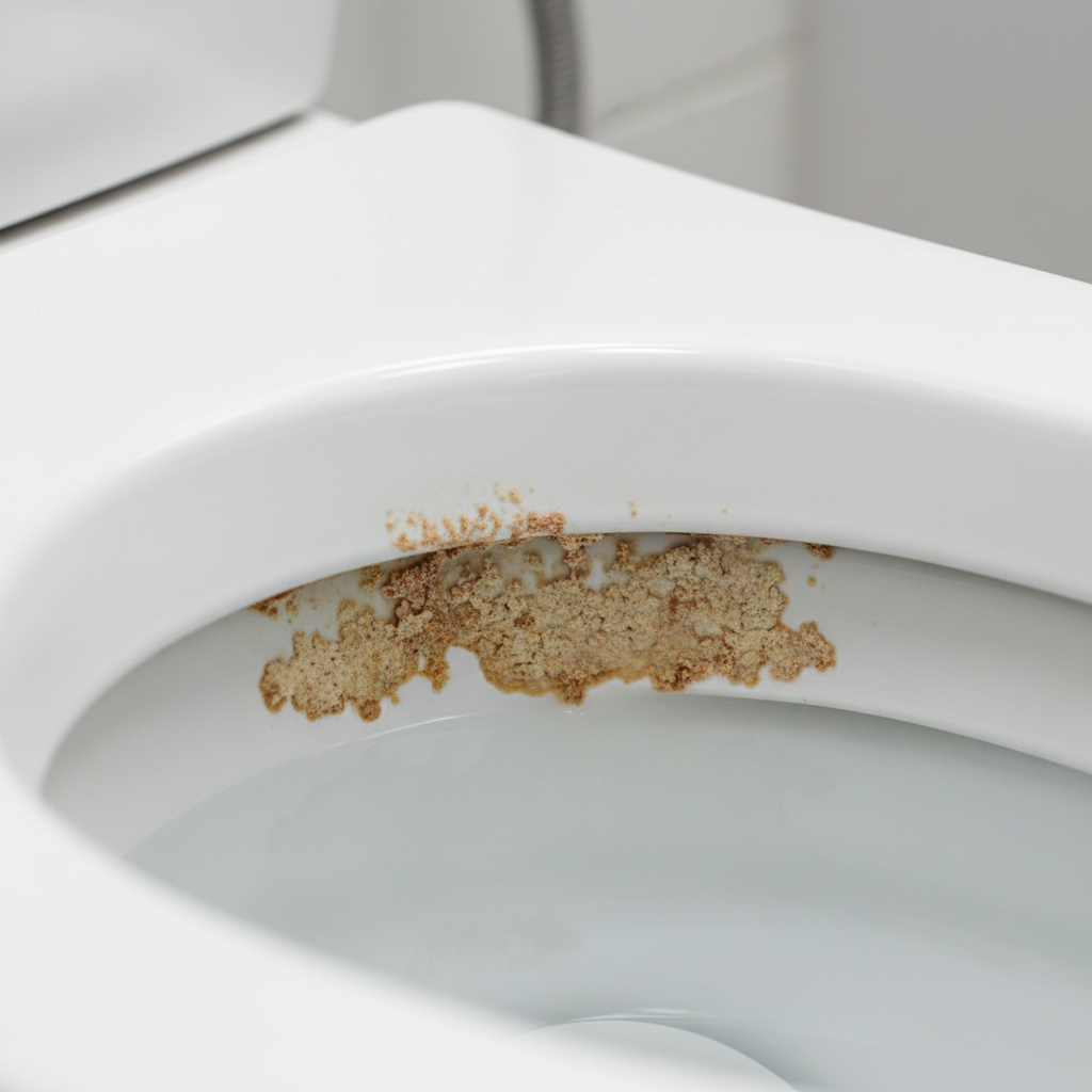 A close-up, slightly elevated view into a modern, white ceramic toilet bowl. The focus is on the interior surface just below the water line, where distinct, rough, yellowish-brown to light rust-colored crusts of Urinstein are clearly visible clinging to the ceramic. The water in the bowl is clean and still, contrasting sharply with the unappealing mineral deposits. The lighting is bright and even, highlighting the textured, uneven surface of the buildup. This image should visually represent the common problem of hardened deposits in a household setting. Professional photo style.