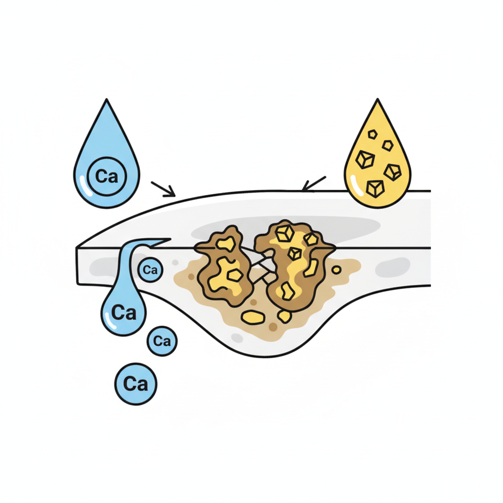 A clean, conceptual infographic illustration depicting the microscopic formation of Urinstein on a simplified cross-section of a toilet bowl's ceramic surface. On one side, stylized droplets represent water, containing small, light blue circular icons symbolizing calcium (Ca) minerals. On the other, stylized urine droplets contain tiny yellow crystalline icons symbolizing uric acid or salts. Arrows show these elements interacting and bonding at the ceramic surface, gradually forming layered, irregular brown and yellow deposits that adhere firmly to the white ceramic. The overall impression is scientific and explanatory. Flat illustration, infographic style.