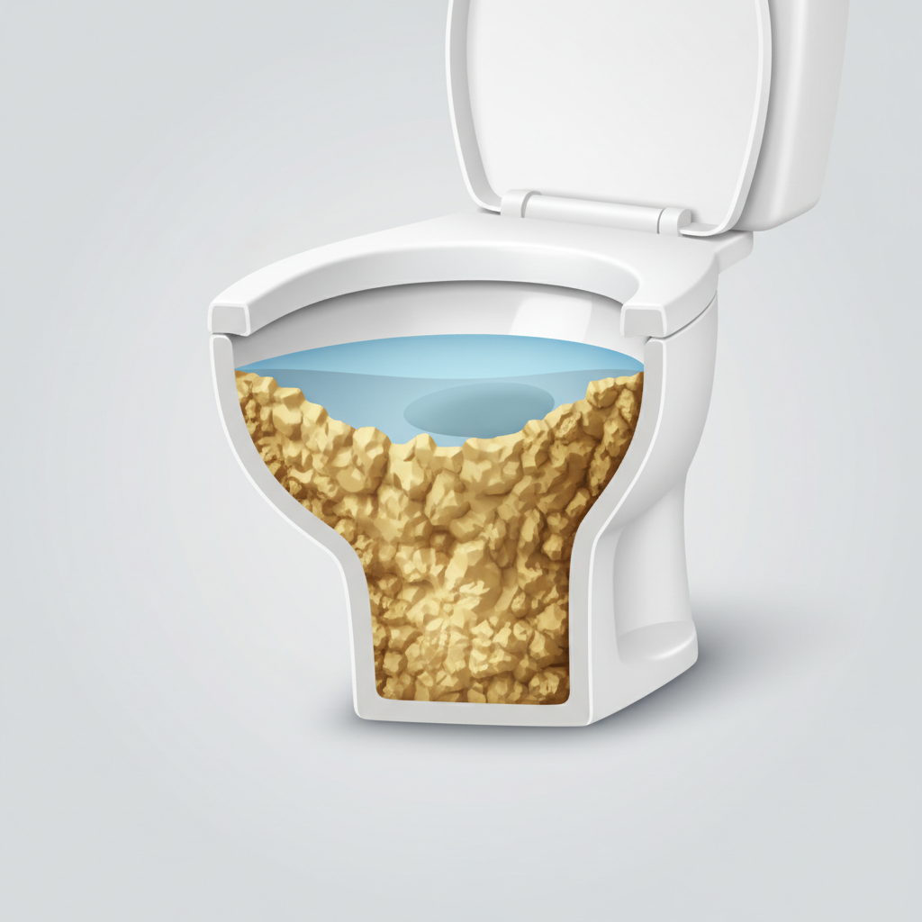 A detailed, clean cross-section diagram of a white ceramic toilet bowl. The water level is clearly indicated and tranquil. Below the waterline, significant, rough, yellow-brown mineral deposits (Urinstein) are encrusted onto the inner surface of the bowl. The deposits should look hard, crystalline, and firmly attached, contrasting with the smooth porcelain. The illustration should visually communicate the stubbornness and location of the problem. Use a professional, infographic-style 3D rendering with subtle material textures.