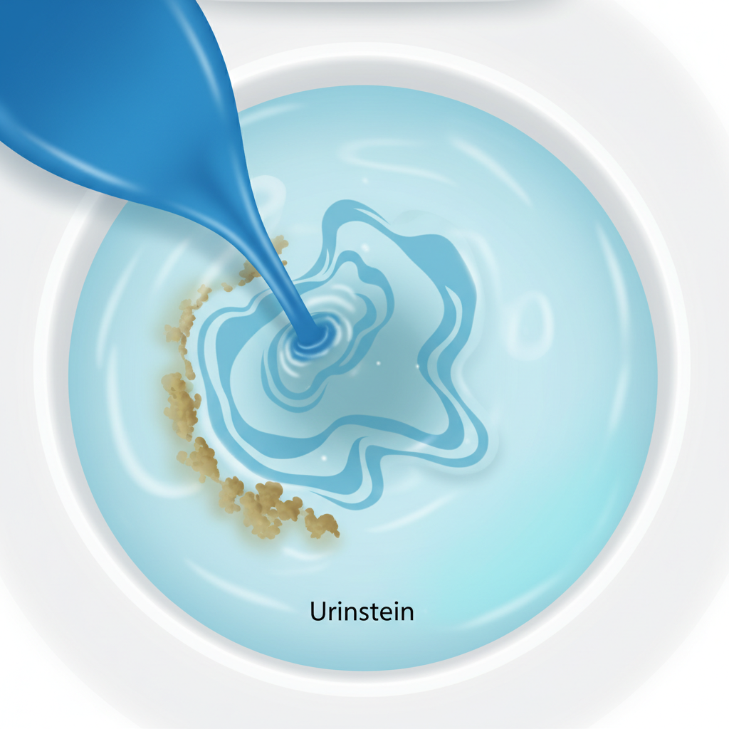 A stylized illustration showing a top-down perspective into a toilet bowl. The waterline is clearly visible, with a section of hard, brownish Urinstein deposits clinging to the bowl's interior beneath the water. A stream of blue cleaning liquid is pouring into the water near the deposits. Visually emphasize how the blue cleaning liquid disperses and becomes diluted in the larger volume of water before it can effectively reach the Urinstein, appearing less concentrated near the deposits. Use a clean, digital illustration style with soft gradients and a focus on liquid dynamics.