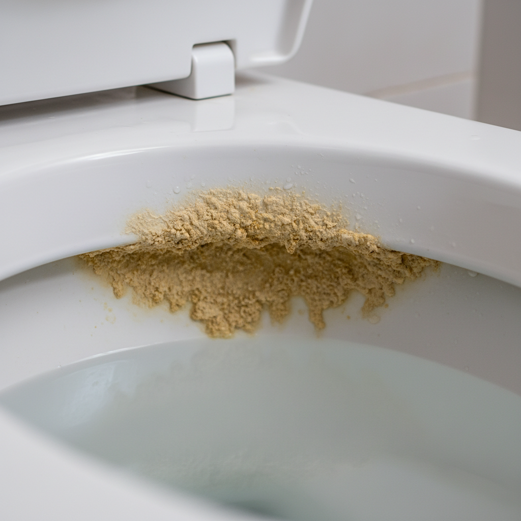 A detailed, eye-level professional photo capturing the inside of a standard white ceramic toilet bowl. The water line is clearly visible. Just above the water and extending upwards, a significant, unsightly accumulation of thick, yellowish-brown calcified urine scale dramatically contrasts with the pristine white ceramic. The scale should appear rough, uneven, and deeply embedded, highlighting its stubborn nature. The lighting should emphasize the texture and discoloration, making the problem immediately apparent and relatable for a blog article about cleaning solutions.