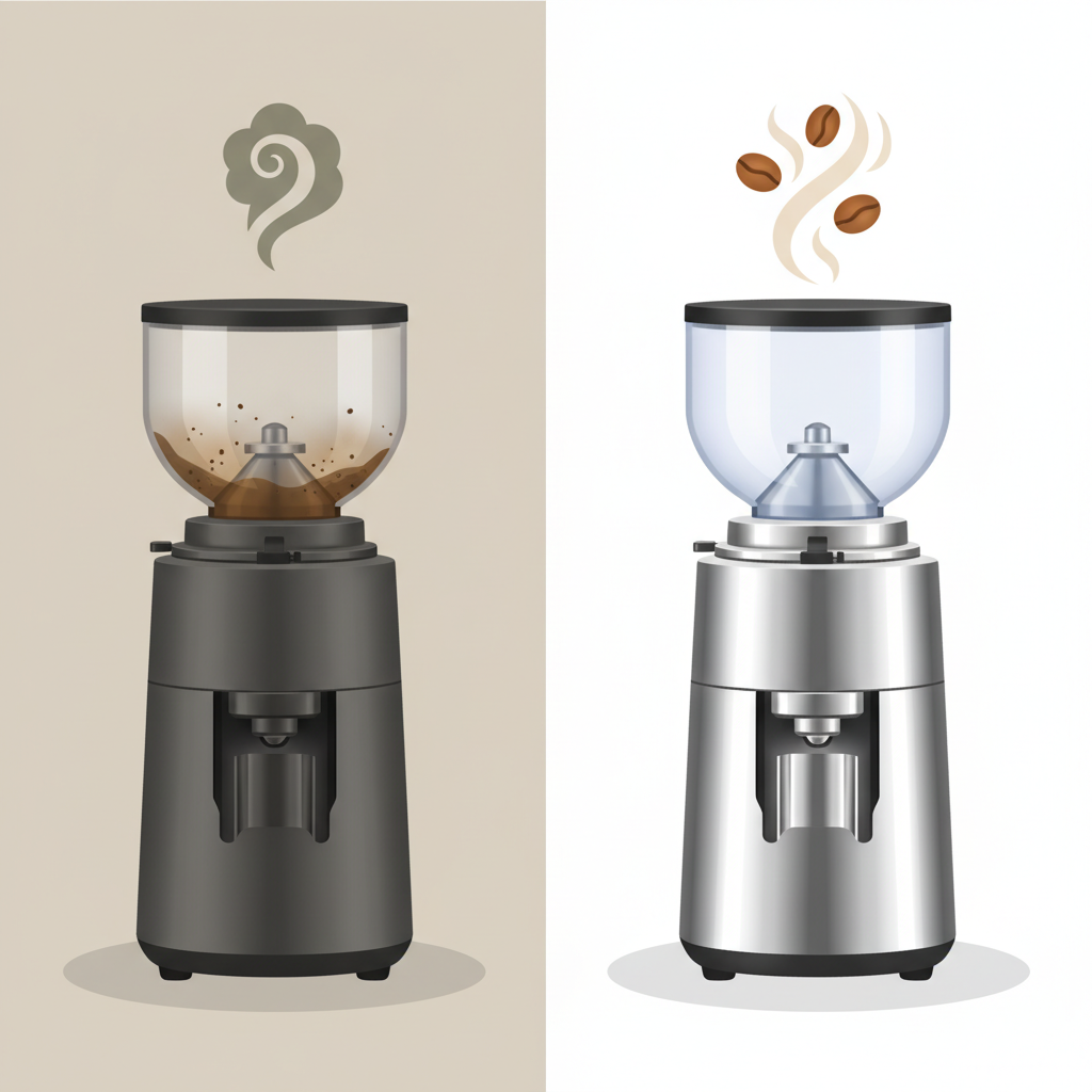 A split-screen or comparative flat illustration showcasing the impact of cleanliness on a Varia VS3 coffee grinder. On the left, a stylized Varia VS3 appears dull and slightly grimy, with visible, brownish coffee oil residues clinging to the internal burrs and chute. A faint, unpleasant aura or swirling bitter taste symbol emanates from it. On the right, the same Varia VS3 grinder is sparkling clean and bright, reflecting light, with perfectly polished internal components. From this clean grinder, vibrant, aromatic coffee steam or flavor symbols (like rich coffee beans) rise upwards, representing pure taste. The background is minimalist and clean.