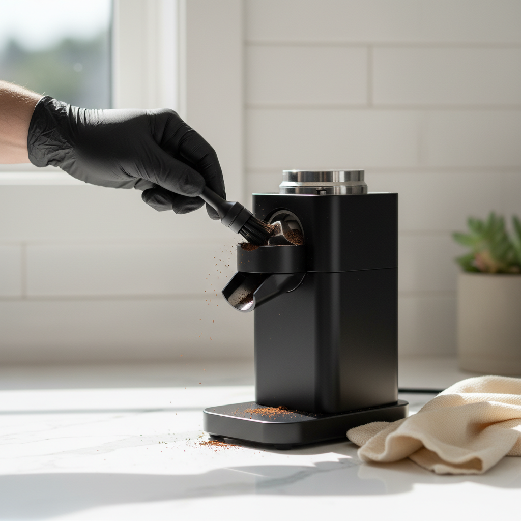 A professional, bright product photograph focusing on the Varia VS3 coffee grinder being meticulously cleaned. The grinder is positioned on a pristine white kitchen counter, with soft, natural light illuminating its sleek design. A hand, gently holding a small cleaning brush (like a burr brush or detailing brush), is carefully brushing away fine coffee grounds from around the grinder's burr chamber or chute. The scene emphasizes precision and care, showing a clean cloth nearby. The focus is on the act of maintenance, ensuring the grinder's longevity and performance. The background is subtly blurred, keeping the grinder as the central, sharp subject.