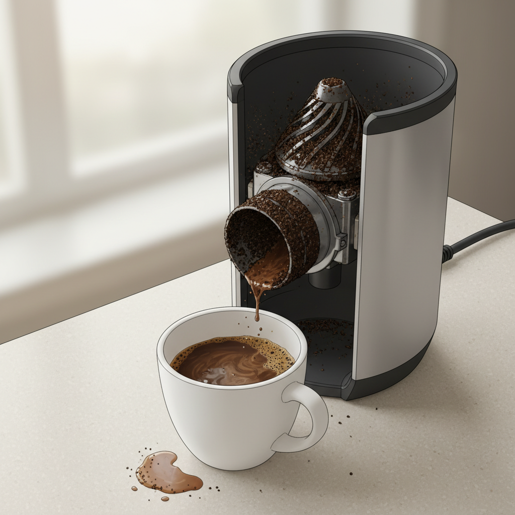 A detailed technical illustration showcasing a Varia VS6 coffee grinder in a cutaway view. The internal burr chamber and chute are clearly visible, heavily encrusted with dark, oily coffee residue and compacted old grounds, indicating poor maintenance. Adjacent to the grinder, a plain ceramic coffee cup holds a visually unappetizing, poorly extracted coffee beverage, characterized by uneven color, lack of crema, and visible sediment. The overall scene suggests neglect and its detrimental impact on coffee quality, set on a simple, light-colored kitchen counter with soft, diffused lighting.