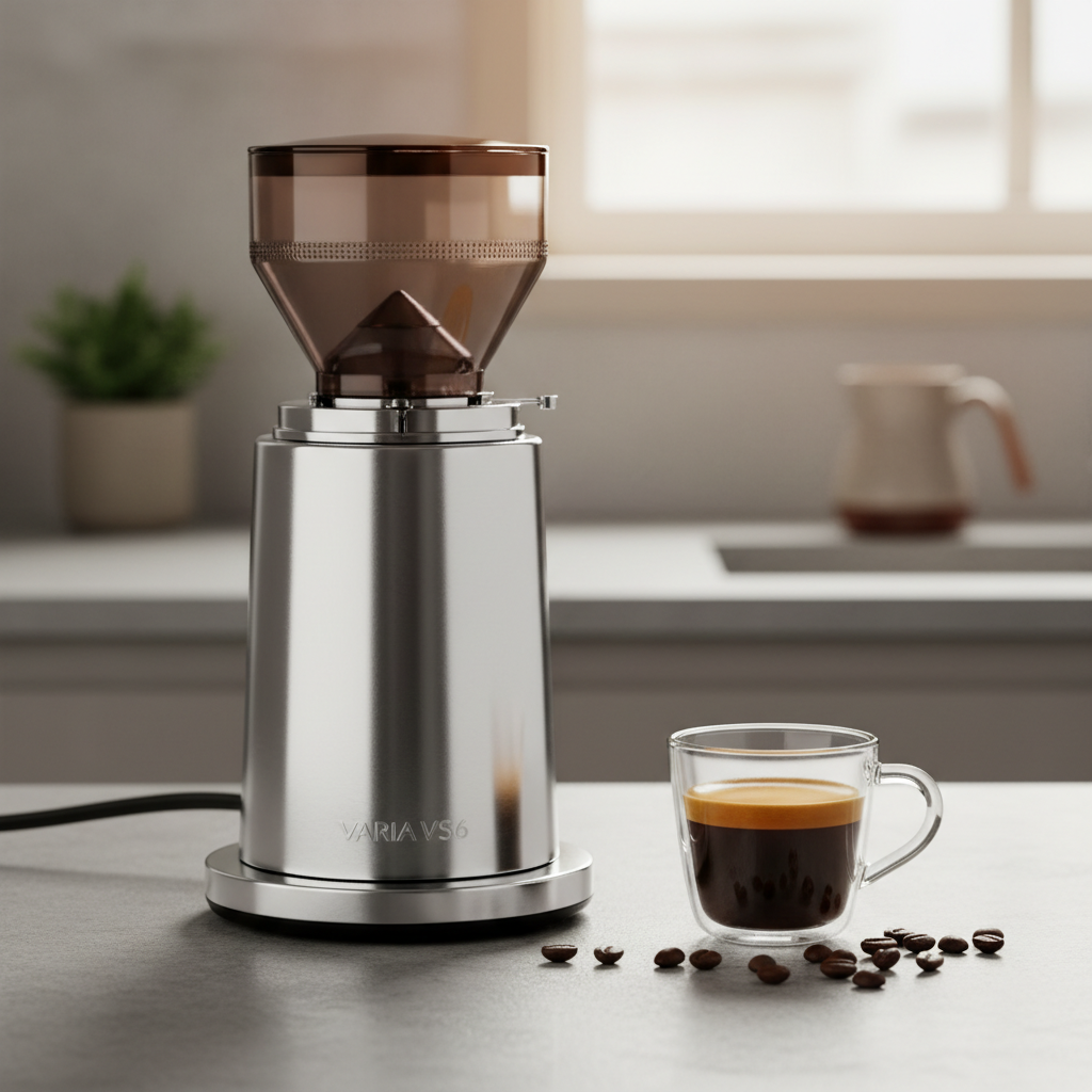 A professional product photo of a sparkling clean Varia VS6 coffee grinder, prominently displayed on a sleek, minimalist kitchen counter. The grinder gleams under bright, inviting light, highlighting its pristine surfaces and the absence of any coffee residue. Next to it, a perfectly prepared espresso shot sits in a clear glass cup, topped with a rich, uniform golden-brown crema. A few fresh, roasted coffee beans are artfully scattered around the base of the grinder, emphasizing freshness and quality.