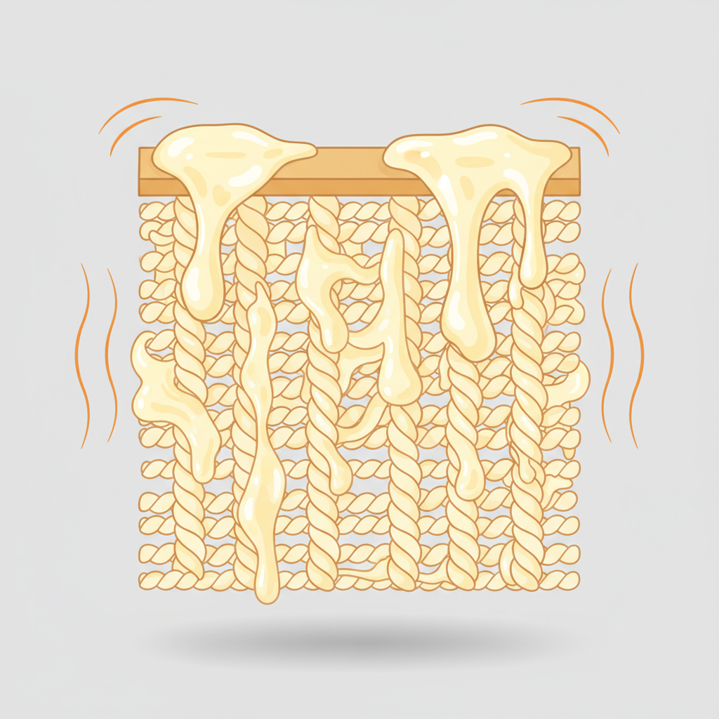A detailed, stylized cross-section diagram showing textile fibers (like interwoven threads) deeply saturated with a thick, translucent, yellowish-white Vaseline substance. The greasy Vaseline should be visibly clinging to the individual fibers and penetrating the gaps between them, illustrating its stubborn nature. A subtle, conceptual representation of heat, perhaps as faint, wavy orange lines surrounding the stained area, indicates how it fixes the stain. The overall impression is an intricate, magnified view of a difficult stain. Use a clean, educational flat illustration style with soft shadows to add depth.