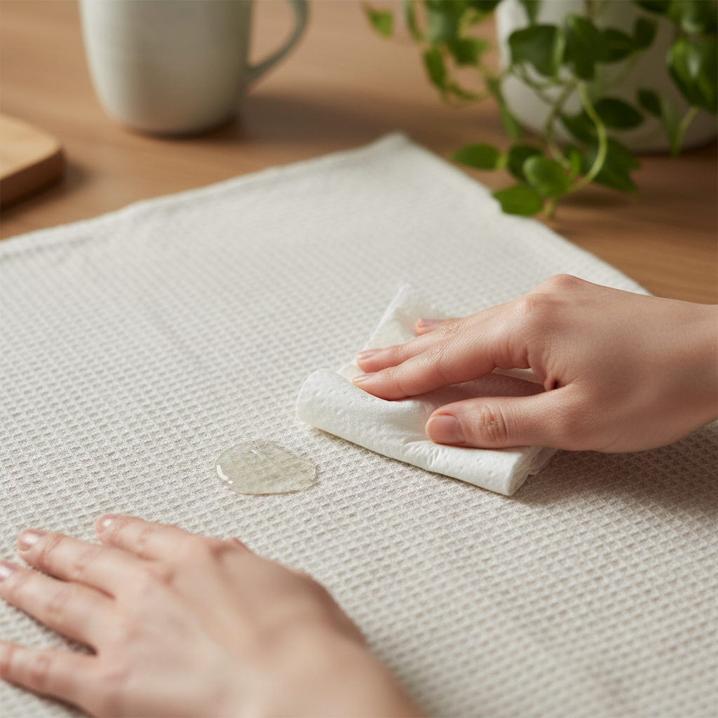 A close-up, high-angle professional photo capturing a person's hands gently dabbing a fresh, visible Vaseline stain on a light-colored fabric (e.g., a cotton shirt or tablecloth). One hand holds a clean, white paper towel or an absorbent cloth, pressing it lightly onto the greasy spot without rubbing. The Vaseline stain should be subtly apparent, indicating its presence but also the initial phase of careful removal. The background is a softly blurred domestic setting, keeping the focus entirely on the hands and the fabric. The image conveys careful, immediate action.