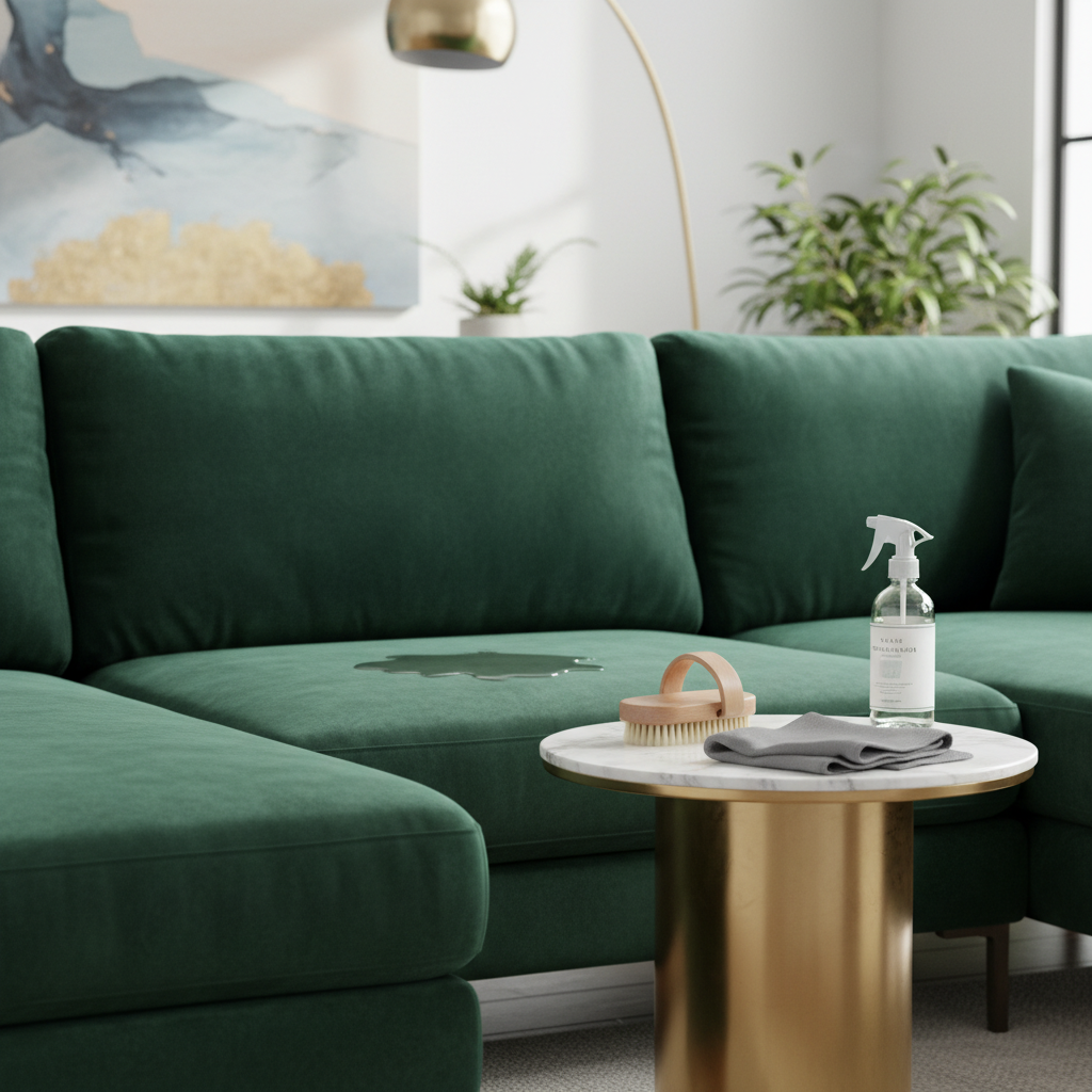 A luxurious, deep emerald green velour couch takes center stage in a bright, modern living room. One section of the couch shows a small, light spill or stain, subtly indicating the need for cleaning. Next to the couch, on a stylish side table, are gentle cleaning tools: a soft-bristle brush, a microfiber cloth, and a generic bottle of cleaning solution. The overall impression is one of elegance and easy maintenance, emphasizing the visual appeal and soft texture of velour. Style: professional, high-key lifestyle photography with a shallow depth of field.