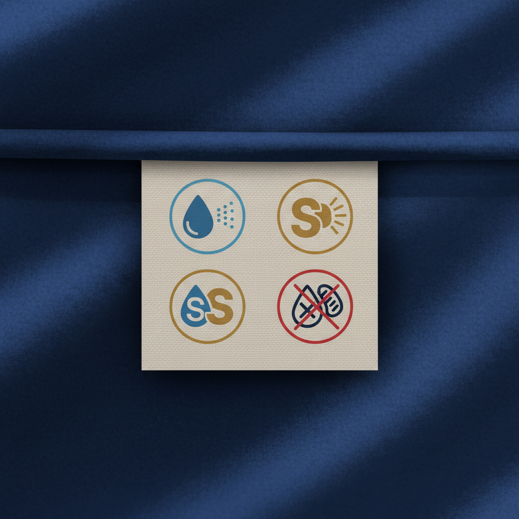 An illustrative infographic-style image depicting a close-up of a velour couch's care label. The label clearly shows four distinct, stylized symbols: a droplet of water, a stylized 'S' within a circle, a combined water droplet and 'S', and a crossed-out water droplet or a simple 'X'. Each symbol is presented cleanly, perhaps with a subtle visual cue next to it (e.g., a gentle water spray for the water symbol, a soft dry brush for the 'X'). The background has a subtle velour texture. Style: clean, modern flat illustration with a soft, tactile feel, designed for clarity and visual information.
