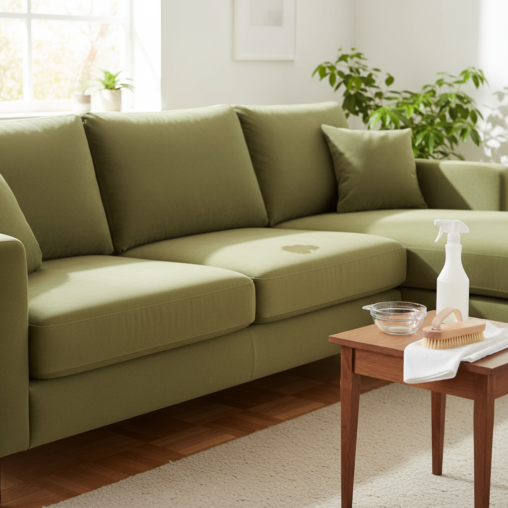 A professional photo of a cozy, plush Veloursleder (velvet leather) couch in a bright, inviting living room setting. The couch should appear soft and luxurious, with a subtle, very small, almost imperceptible stain or smudge on one of the seat cushions, indicating the need for cleaning. Arranged neatly on a small side table next to the couch are generic, unbranded household items: a small, clear glass bowl, a soft-bristled brush, a plain spray bottle, and a clean white microfiber cloth, subtly hinting at the 'home remedies' theme. The overall mood is warm and clean, highlighting the beauty of the couch while subtly suggesting its maintenance.
