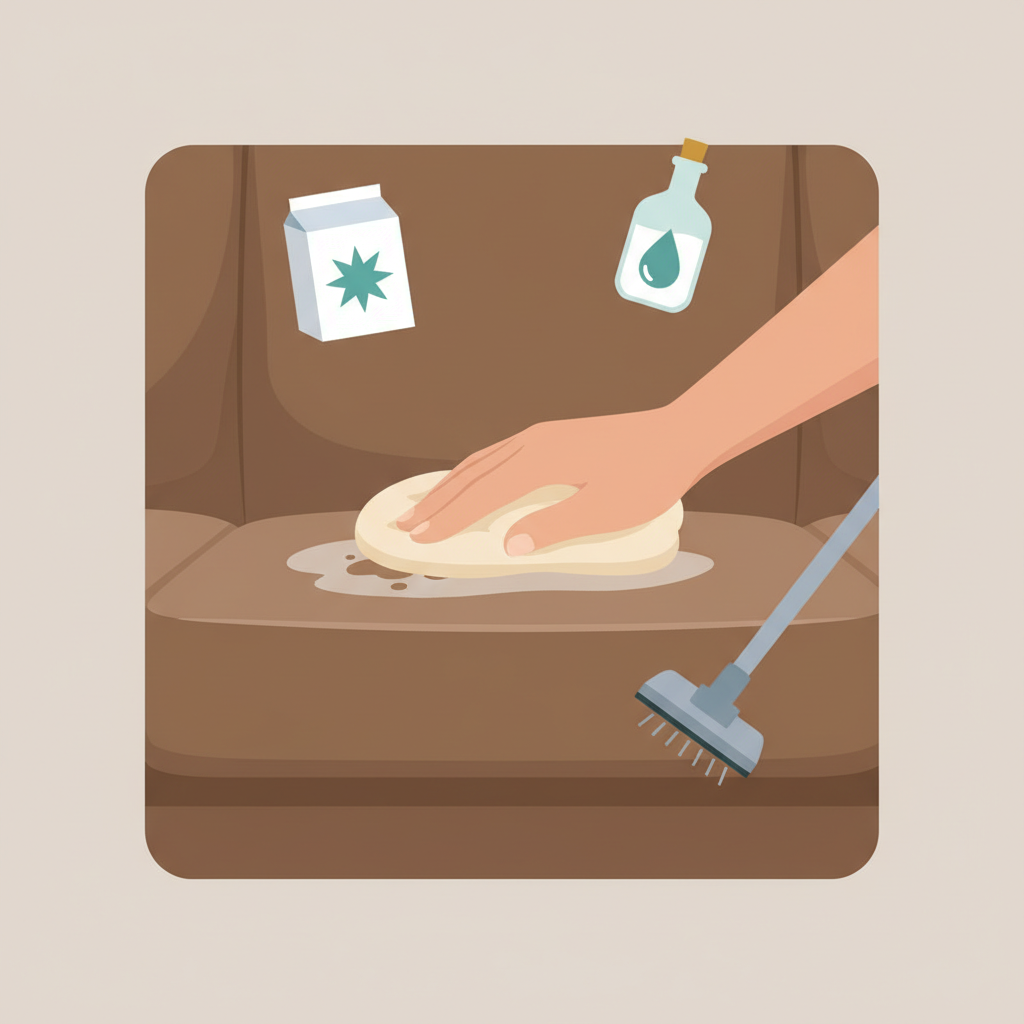 A flat illustration in a clean, modern style depicting a close-up section of a Veloursleder couch being cleaned. A gentle, gender-neutral hand holds a soft brush or a plain white cloth, carefully working on the velvety surface. A small, abstract 'stain' or 'dirt' mark is visible on the couch surface, and the hand is shown in the act of gently removing it. Around this central action, several stylized, unbranded icons of common home cleaning remedies are floating: a small white container of baking soda, a clear bottle representing vinegar, and a small, generic vacuum cleaner nozzle, emphasizing the use of simple household items for cleaning.