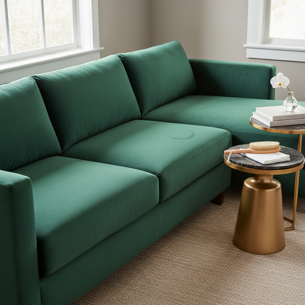 A visually appealing, professional photo showcasing a luxurious veloursleder (velvet/suede) couch in a bright living room. The image should subtly convey a 'before and after' effect on one section of the couch – one part appears slightly dull or has a faint, undefined mark, while an adjacent section is meticulously clean, vibrant, and plush, highlighting the restored, soft nap of the material. A soft-bristled brush and a clean microfiber cloth are neatly placed on a small, elegant side table next to the couch, hinting at the tools for gentle cleaning. The overall focus is on the rich texture and the revitalized appearance.