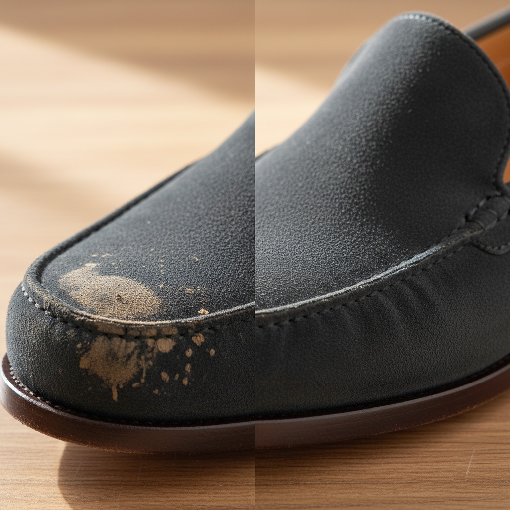 A professional photo showcasing a luxurious velour leather shoe, perhaps a stylish loafer or boot. The image is split or designed as a 'before and after' comparison. On one side, a visible water stain or dried mud patch mars the soft, textured surface. On the other side, the same area of the shoe is perfectly clean, with the velvety nap restored and uniformly smooth. The focus is on the intricate details of the leather's fibers and the dramatic visual improvement. Soft, inviting lighting emphasizes the material's elegance and quality.