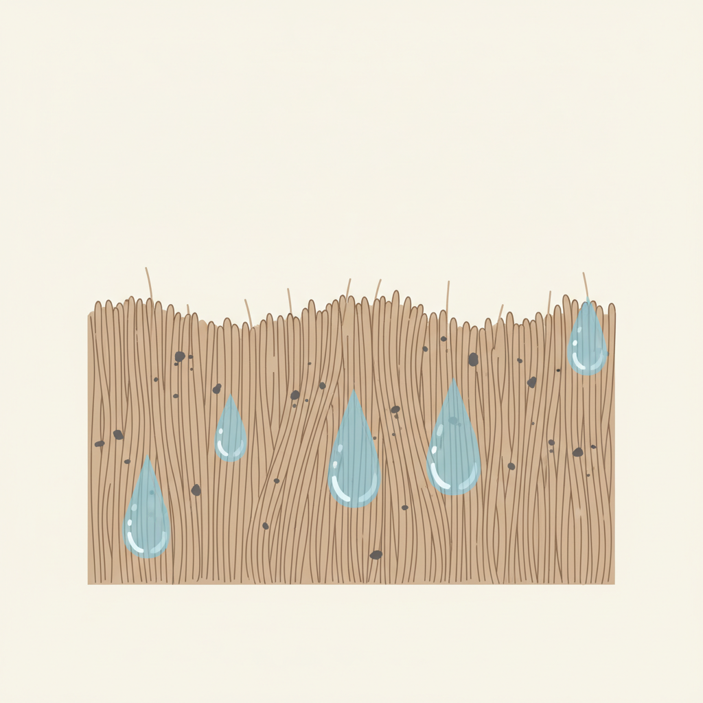 An educational, flat illustration or diagram showing a highly magnified cross-section of velour leather. It visually explains its sensitivity. The image clearly depicts numerous fine, distinct fibers forming the characteristic 'nap' of the leather. Stylized dirt particles (small dark specks) are shown embedded between the fibers. Simultaneously, blue water droplets are illustrated penetrating deep into the porous structure, causing adjacent fibers to visibly clump and change their alignment. The overall style is clean and informative.