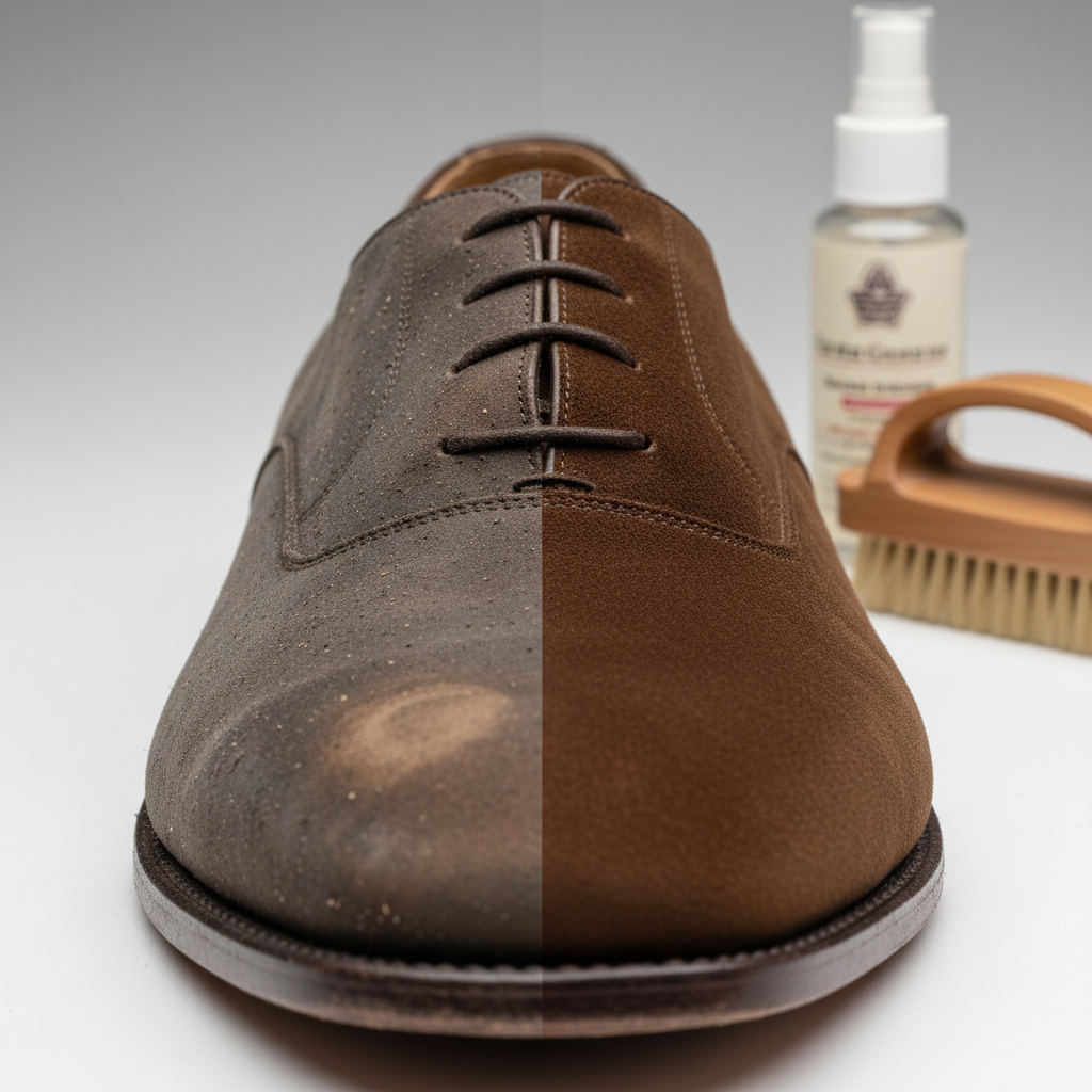 A side-by-side comparison features a velour leather shoe. On the left, a section of the shoe displays visible dirt, dust, and a faint water stain, with matted velour fibers appearing dull and worn. On the right, the identical section of the shoe is pristine, with soft, upright velour fibers that look rich in color and luxurious. In the subtly blurred background, a velour brush and a cleaning spray bottle are discernible. The image captures the dramatic transformation from dirty to clean, highlighting the material's delicate texture. Professional product photography with a focus on texture and detail.