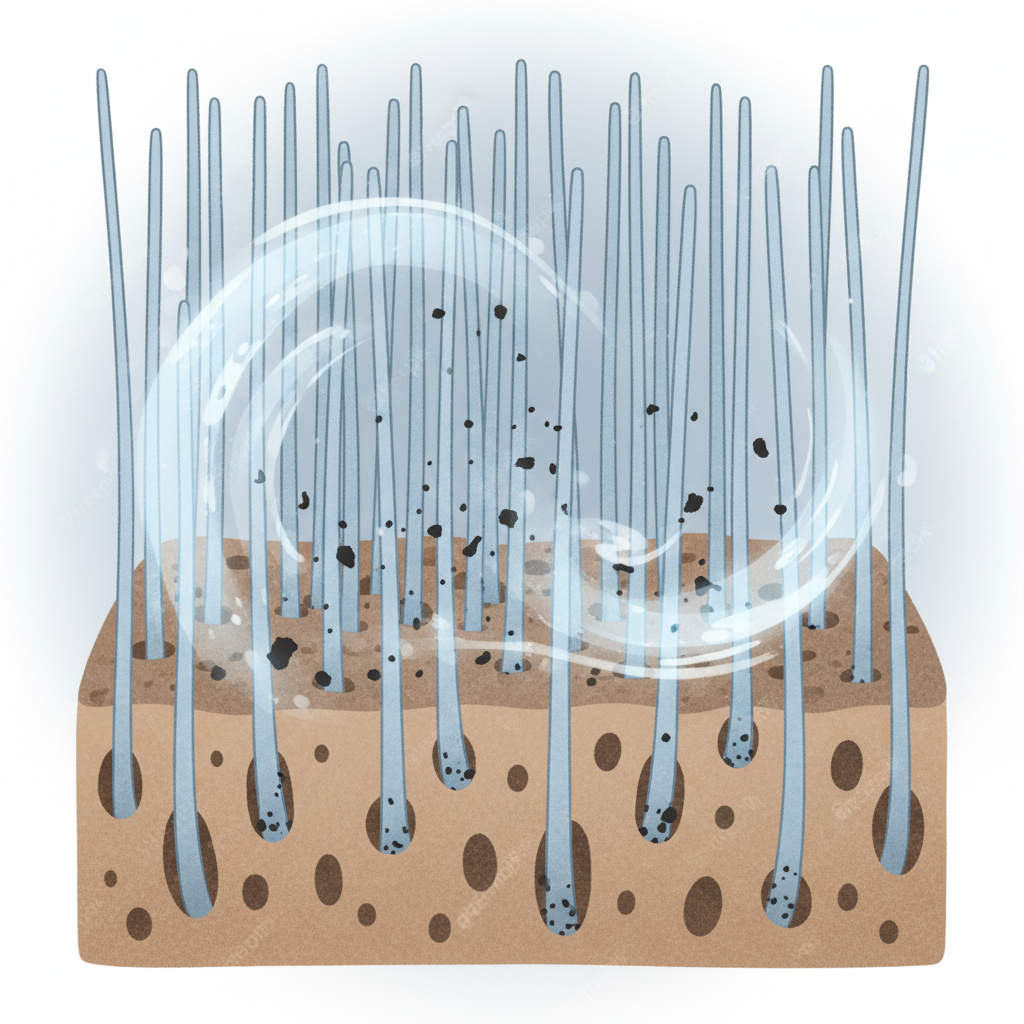 A stylized illustration depicts a magnified, cross-section view of velour leather. Fine, upright fibers form the surface, revealing open pores beneath. Dark, irregular 'dirt' particles are visibly trapped within the fibers and penetrating the pores. A subtle, abstract 'cleaning' force, like gentle swirling light or soft, translucent shapes, interacts with the dirt, visually dislodging it from both the fibers and the open pores. The overall aesthetic is clean and instructional, emphasizing the material's structure and the cleaning mechanism. Clean infographic illustration with subtle textural elements.