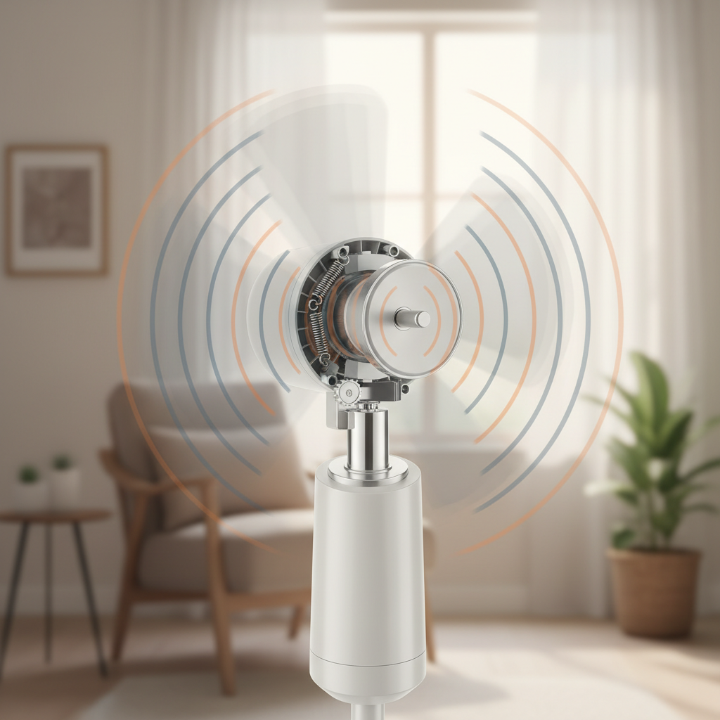 A professional, clean digital illustration depicting the central rotating part of a modern floor fan. Subtle, wavy lines or a muted visual tremor emanates from the fan's axis, indicating a 'squeaking' sound without using any text. The background is a calm, slightly blurred domestic setting, subtly contrasting the disruptive noise. The fan itself is depicted with accurate mechanical details, emphasizing the point of friction. Colors are muted but clear, focusing on the fan's mechanism.