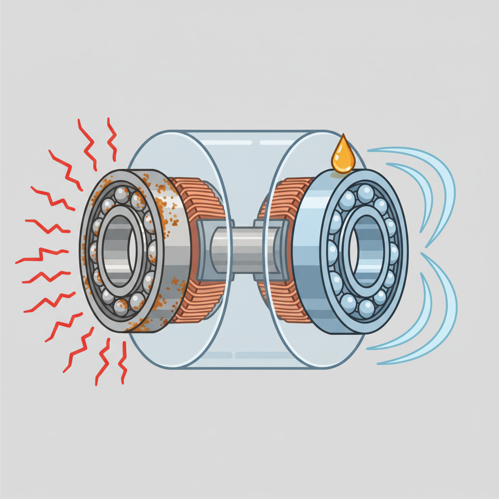 An infographic-style illustration showing a cutaway view of a fan motor's internal bearings. On one side, a bearing appears dry, rough, and slightly rusted, with small red friction lines emanating from it. On the other side, a similar bearing is shown well-lubricated, with a single, pristine drop of oil clearly visible on its surface, and smooth, flowing lines indicating frictionless movement. The parts are clearly labeled visually through their distinct forms, not with text.