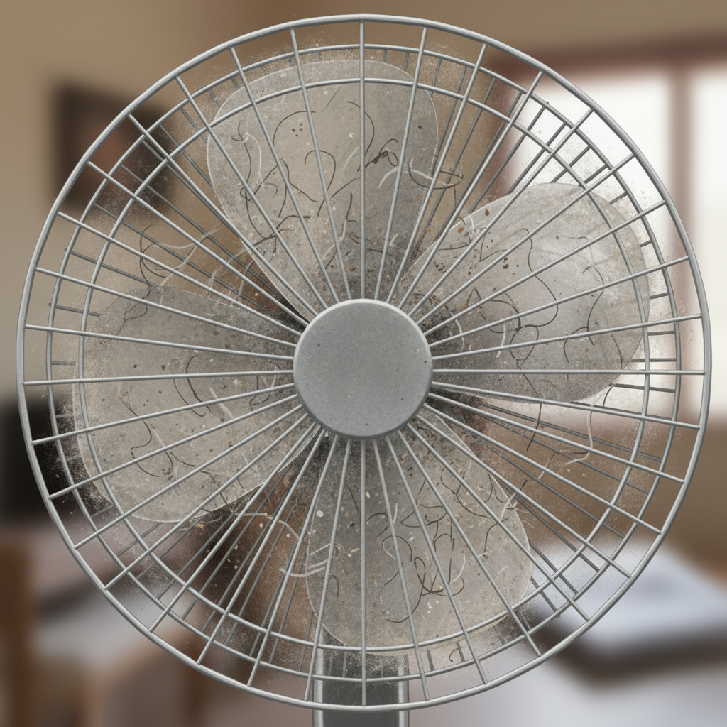 A detailed close-up professional photo-realistic illustration of a fan's protective grille and several blades. They are heavily coated with a visible layer of dust, lint, and tangled hair. The dirt accumulation is significant, making the fan appear neglected and clearly showing how foreign material could impede smooth rotation and cause friction. The background is softly blurred to keep focus on the dirty fan components.