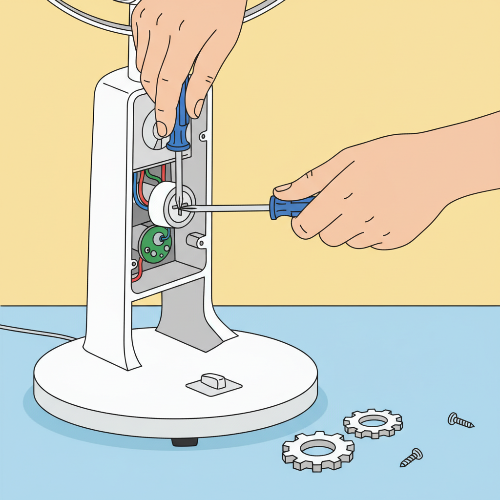A clear, instructional flat illustration showcasing a pair of hands with well-groomed fingers, holding a Phillips head screwdriver. The screwdriver is positioned precisely to tighten a visible screw on the partially disassembled base or motor housing of a common household fan. The scene emphasizes the direct action of maintenance and problem-solving, with simple, clean lines and a bright, approachable aesthetic. No other distracting elements are present, focusing solely on the repair action.
