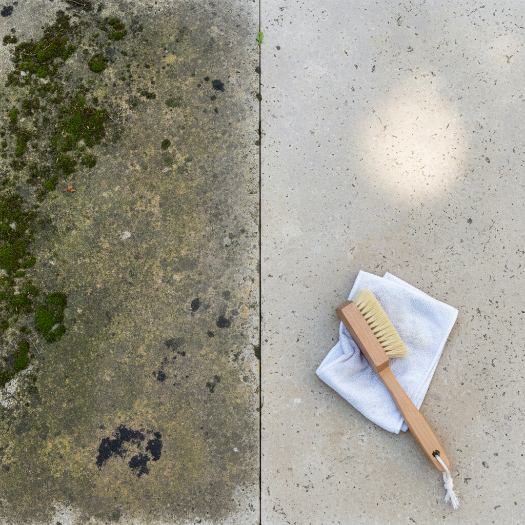 A close-up, split image showcasing a stone patio slab. One half of the slab is heavily stained with green moss and dark organic spots, looking dull and neglected. The other half is pristine, radiating a natural, clean stone color, reflecting light subtly. A gentle scrubbing brush or a clean cloth is positioned near the clean half, suggesting the cleaning process. The overall mood is one of restoration and freshness, emphasizing the effective cleaning. Professional photo style with good lighting.
