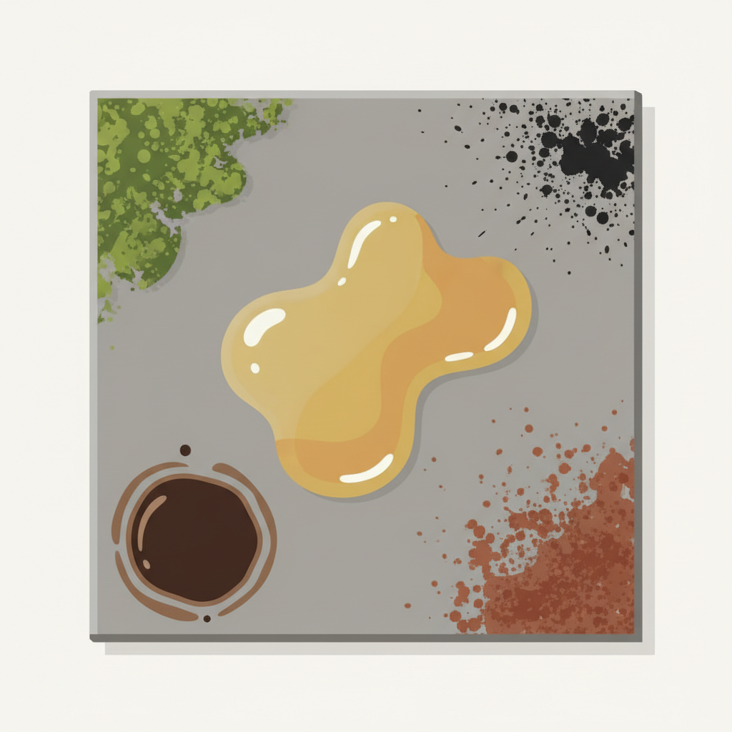 A stylized, overhead view of a neutral-colored rectangular stone slab. Different distinct areas on the slab are depicted with various types of discoloration, each clearly identifiable without being overly realistic. For example, one corner shows green algae/moss, another area has a dark organic splash (like coffee), a greasy sheen represents oil, and a reddish-brown spot for rust. The illustration should visually communicate the diverse origins of stains affecting stone surfaces. Clean, flat illustration style with clear color separation.