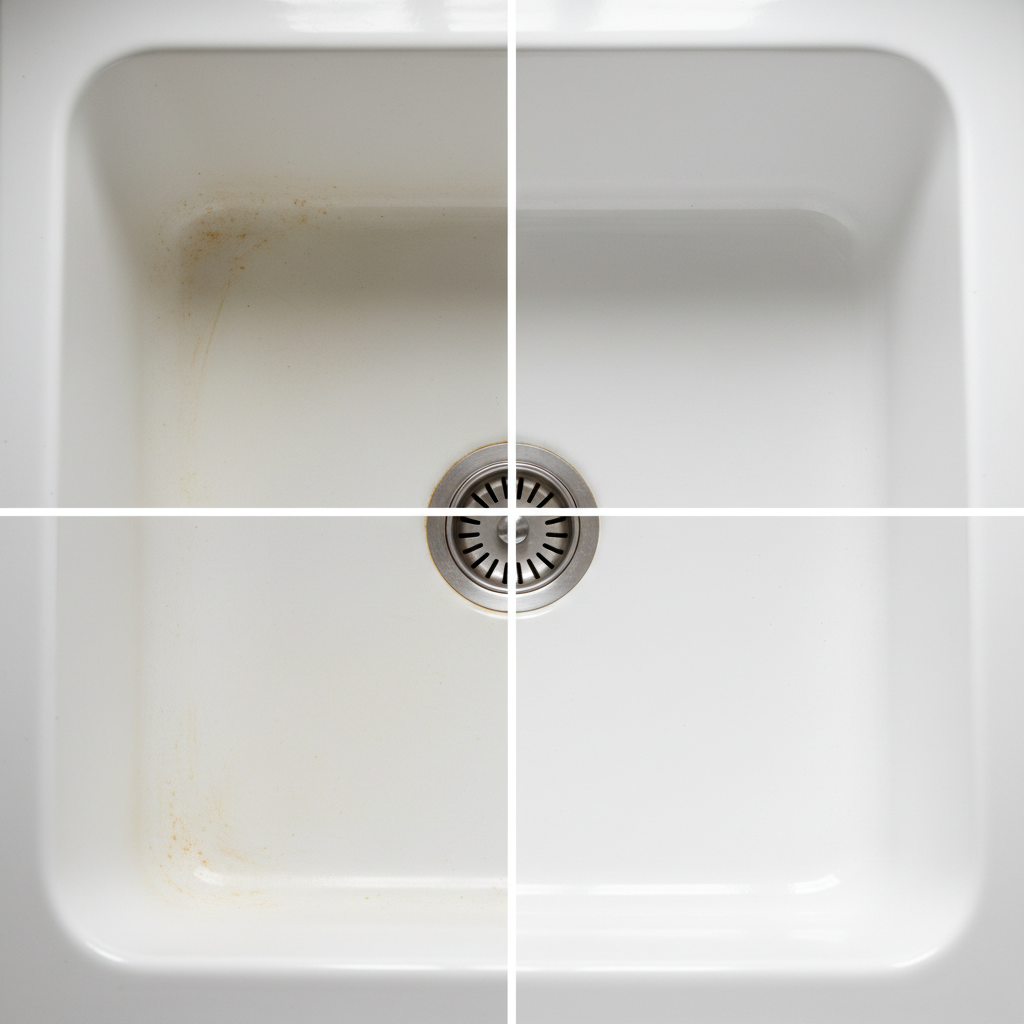 A professional photo of a white enamel kitchen sink or bathtub surface, horizontally split into two distinct sections. The left section displays significant discoloration, appearing dull with faint yellowish stains and subtle rust marks, conveying neglect. The right section showcases the same enamel surface, meticulously clean, gleaming brightly, and reflecting ambient light, illustrating a stark 'before and after' comparison of restored shine. The image should convey cleanliness and transformation, emphasizing the smooth, shiny texture of the clean enamel without any distracting elements.