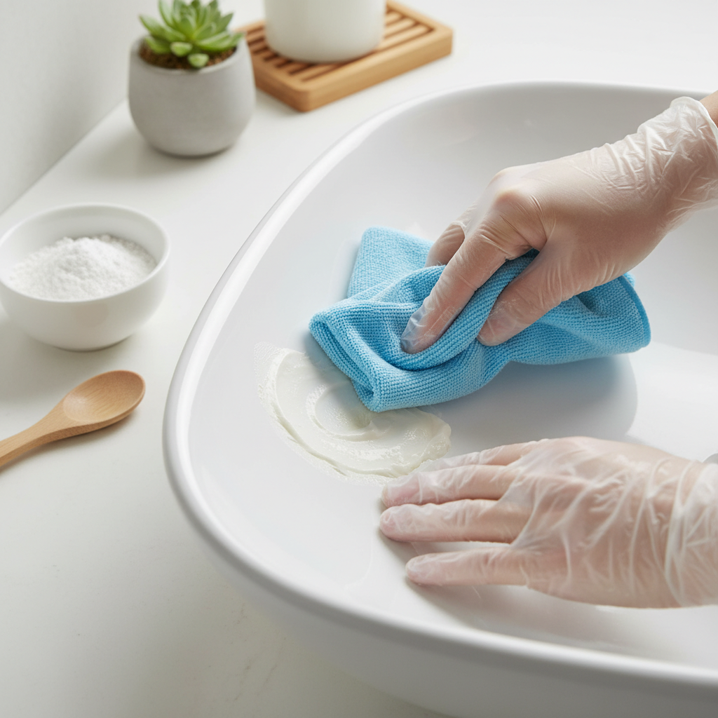 A bright, close-up editorial style photo showing hands (optional: wearing transparent or white gloves) gently applying a homemade cleaning paste to a small, subtle stain on a pristine white enamel surface, possibly a stovetop or a bathroom basin. A small bowl or mound of white powder, symbolizing a gentle abrasive like baking soda, is subtly visible near the cleaning area. The focus is on the action of light scrubbing with a soft cloth or sponge, highlighting a practical, gentle cleaning method in a clean and organized environment.