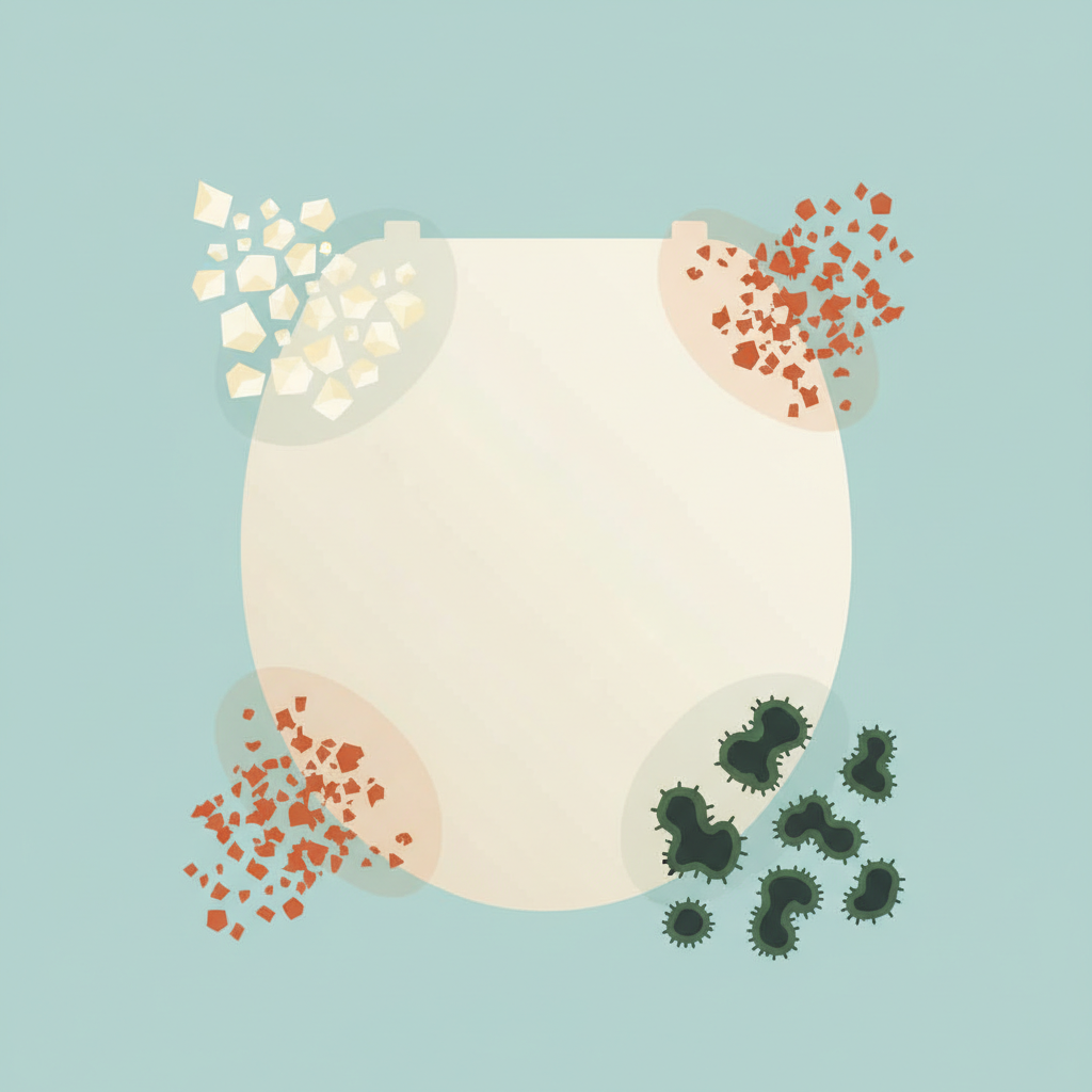 A clean, flat illustration depicting a simplified, light-colored toilet seat surface in the center. Around and subtly interacting with this surface, abstract visual elements represent the main causes of discoloration: small, angular white and yellow mineral crystal shapes for kalk/urinstein; tiny dark green/black, organic-looking blobs for bacteria/mold; and scattered orange-red particles for rust. These elements should be distinct but visually integrated, hinting at their origin without being overly literal or graphic. Infographic style with clear separation and symbolic representation.