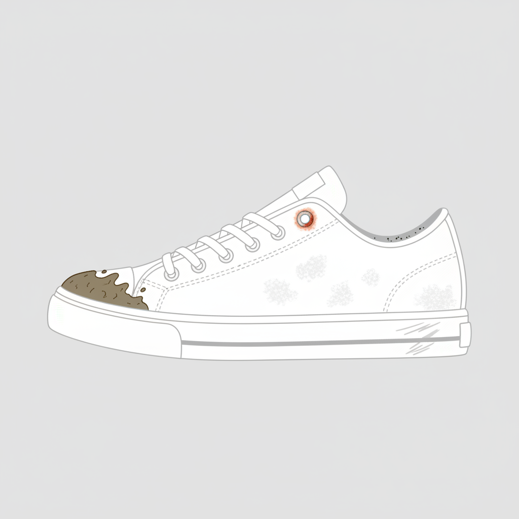 A clean, modern flat illustration depicting a single, generic white sneaker as the central element. Around the shoe, or subtly integrated onto its surface, are clear visual representations of various common discolorations. Show subtle dark scuff marks indicating abrasion, dried brown mud splatters on the toe, a small reddish-orange rust spot near a metallic shoelace eyelet, and a faint white, crystalline residue hinting at chemical salt stains. A small section also implies mildew or mold with tiny, dark speckles. The background is minimalist, emphasizing the visual distinctions of each discoloration type.